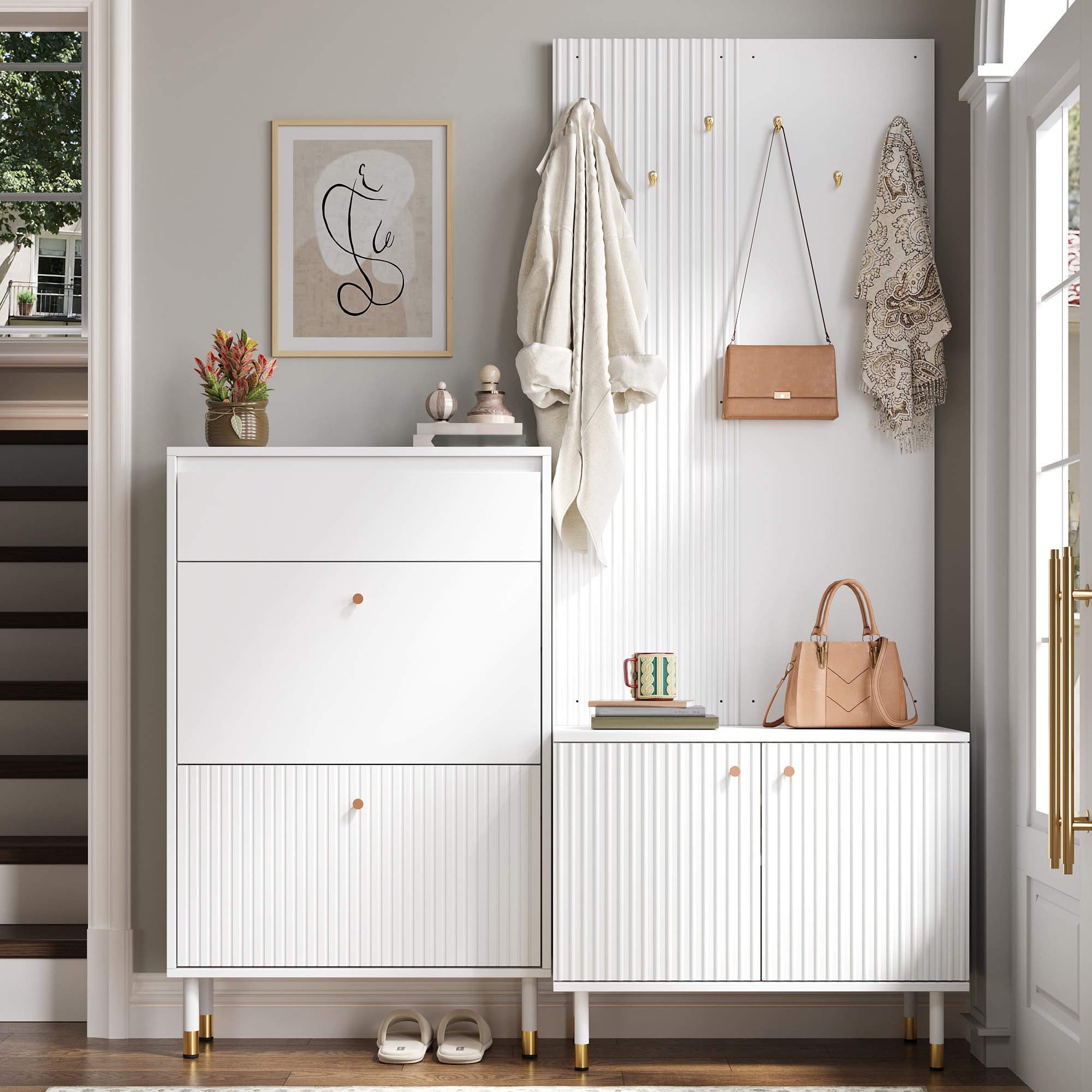 Garderobenset mit Schuhschrank und Staurschrank, kombinierte Standgarderobe mit 6 Haken und Schublade, modulares Flurmöbel für Flur, Diele und Eingangsbereich, Weiß B70xH180xT35 cm + B65xH104xT24 cm
