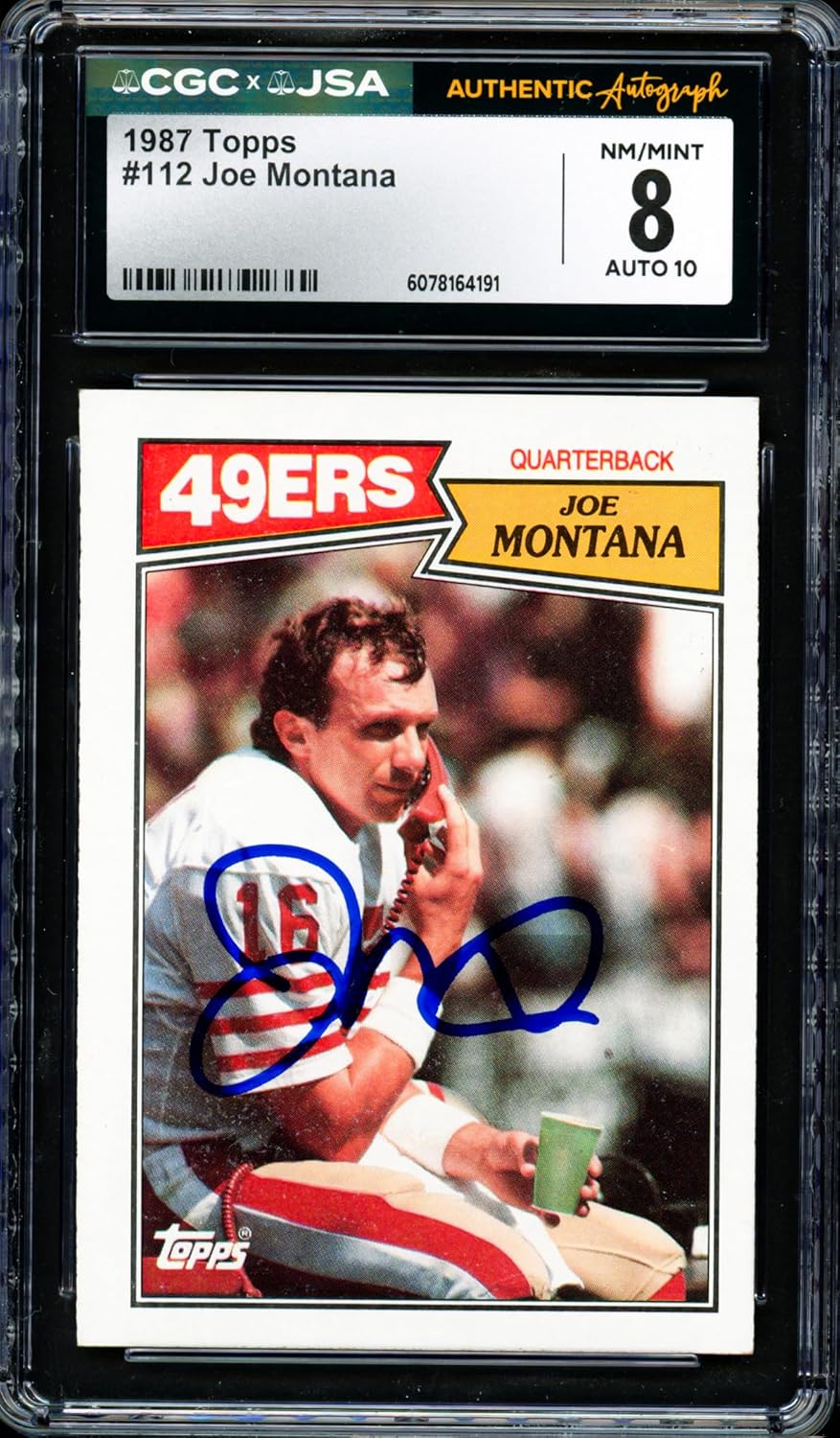 Joe Montana Autographed 1987 Topps Football Card #112 CGC x JSA 8 Auto Grade Gem Mint 10 CGC x JSA Stock #254403