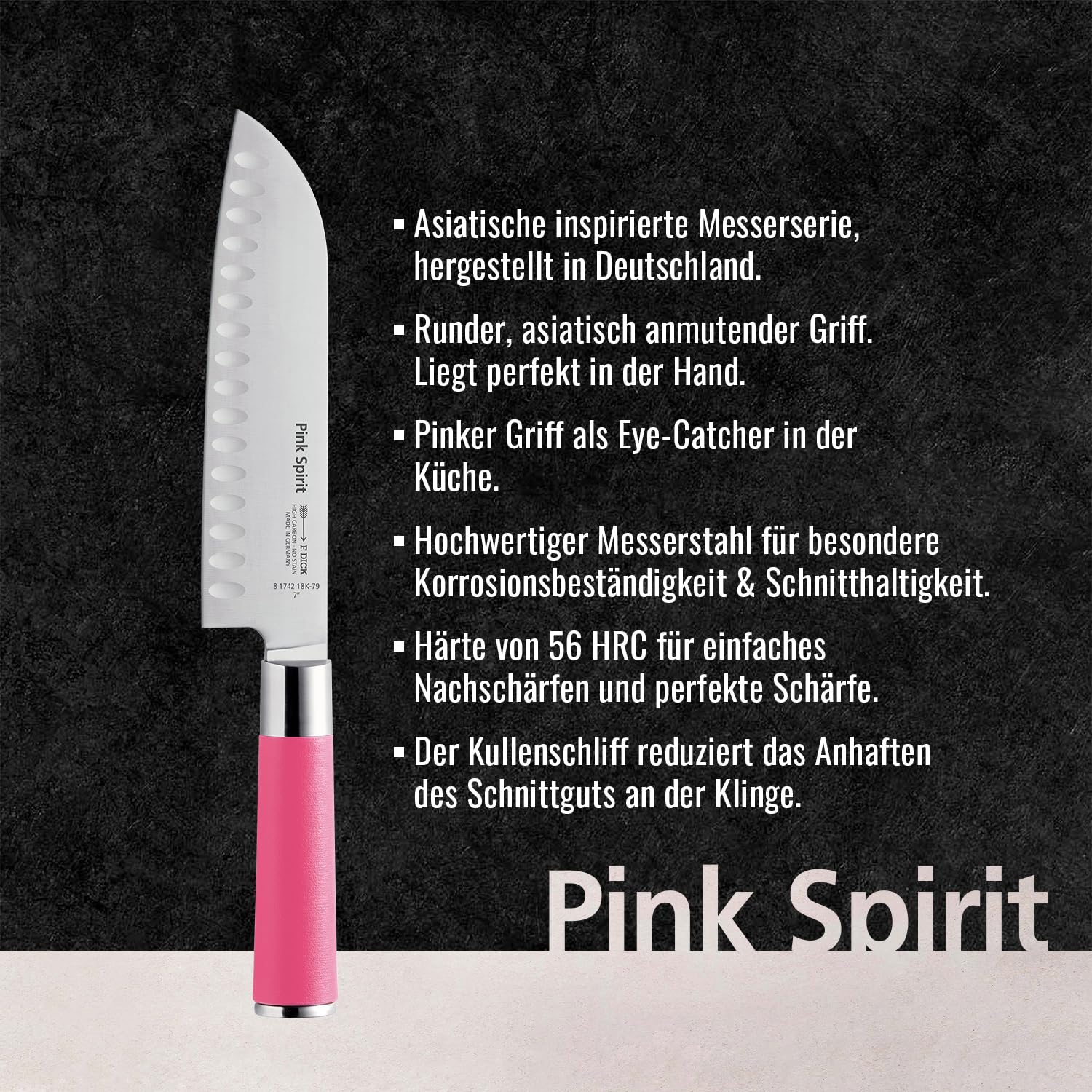 F. DICK Pink Spirit 8 1742 182K-79 - Cuchillo Santoku (longitud de la hoja: 18 cm, acero inoxidable con filo alveolado, hoja probada con láser, acero X55CrMo14, mango de plástico) | Afilado, de acero inoxidable de alta aleación, hoja probada con láser, ac