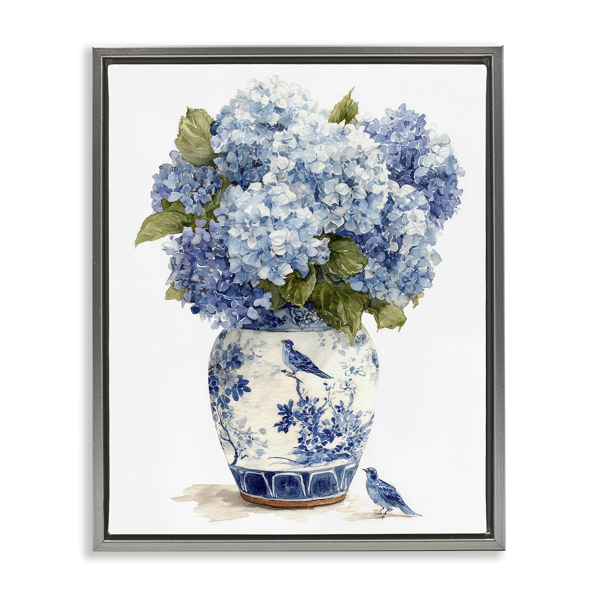 Stupell Industries Luster Gray (Matte) 'Blue Bird & Hydrangea Vase'| Floating Frame Canvas Art