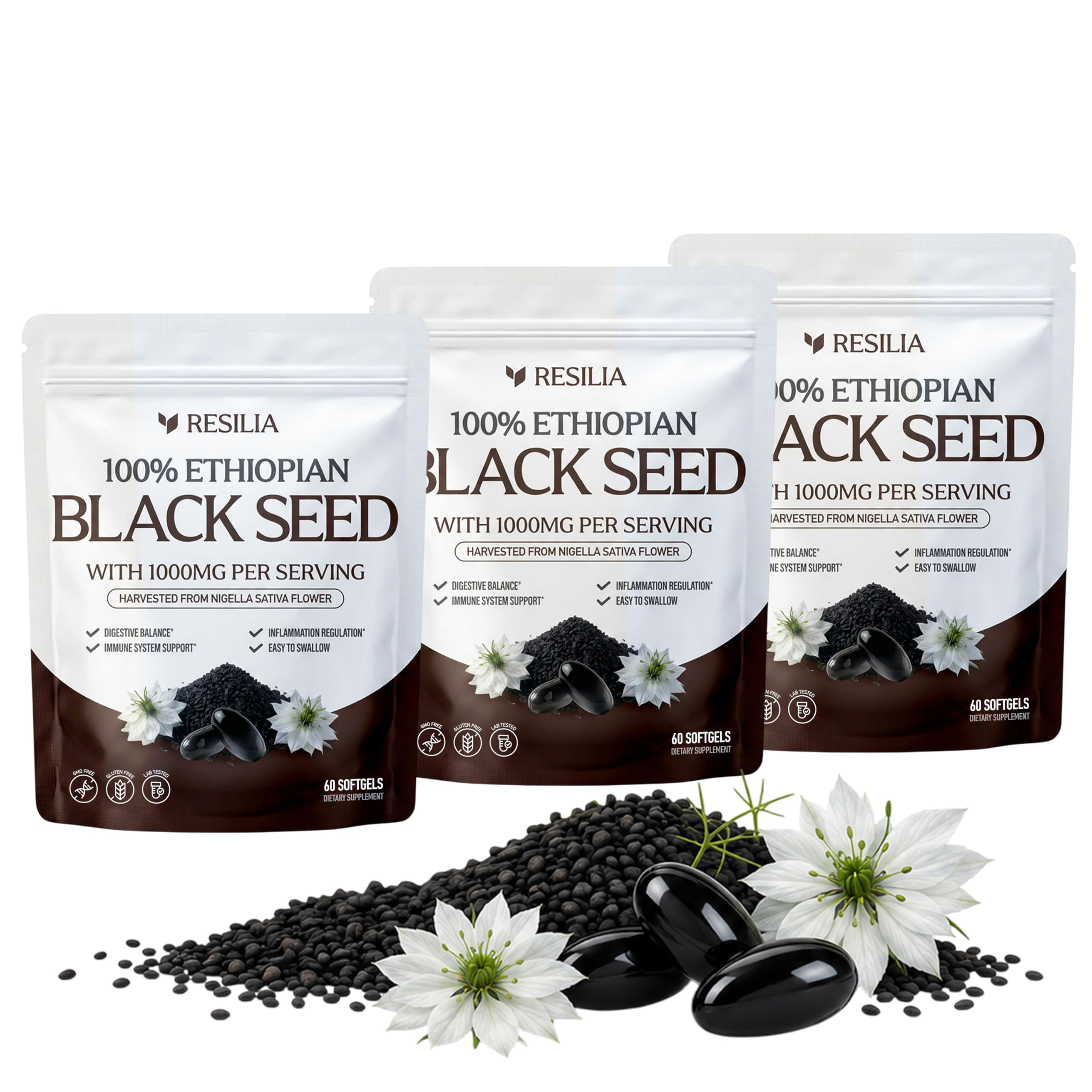 Resilia Ethiopian Black Seed Softgels 1000mg Per Serving – Premium Nigella Sativa Seed Oil Supplement – Digestive & Immune Support Formula – Easy to Swallow Soft Capsules 180 Count (Pack 3)