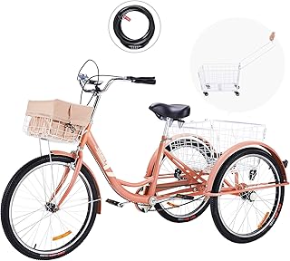 Viribus 24" or 26" Adult Three Wheel Tricycle Single Speed Hybrid Cargo Cruiser Trike Bike with Removable Wheeled Basket B...