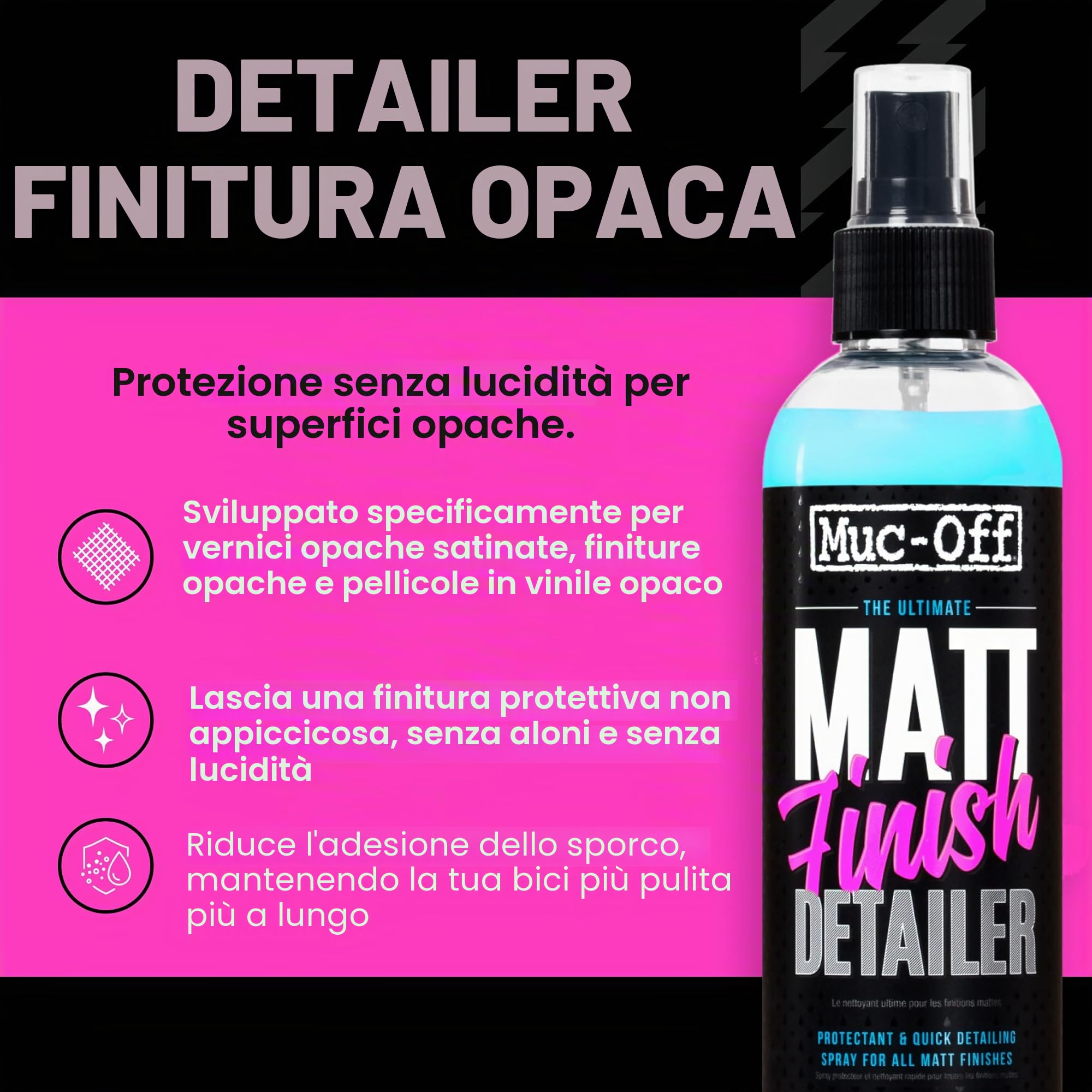 Muc-Off Matt Finish Detailer, 250 ml- Spray Detergente per Bici Satinate e Protettore per Pellicole Opache di Alta Qualità - Per Bici e Moto