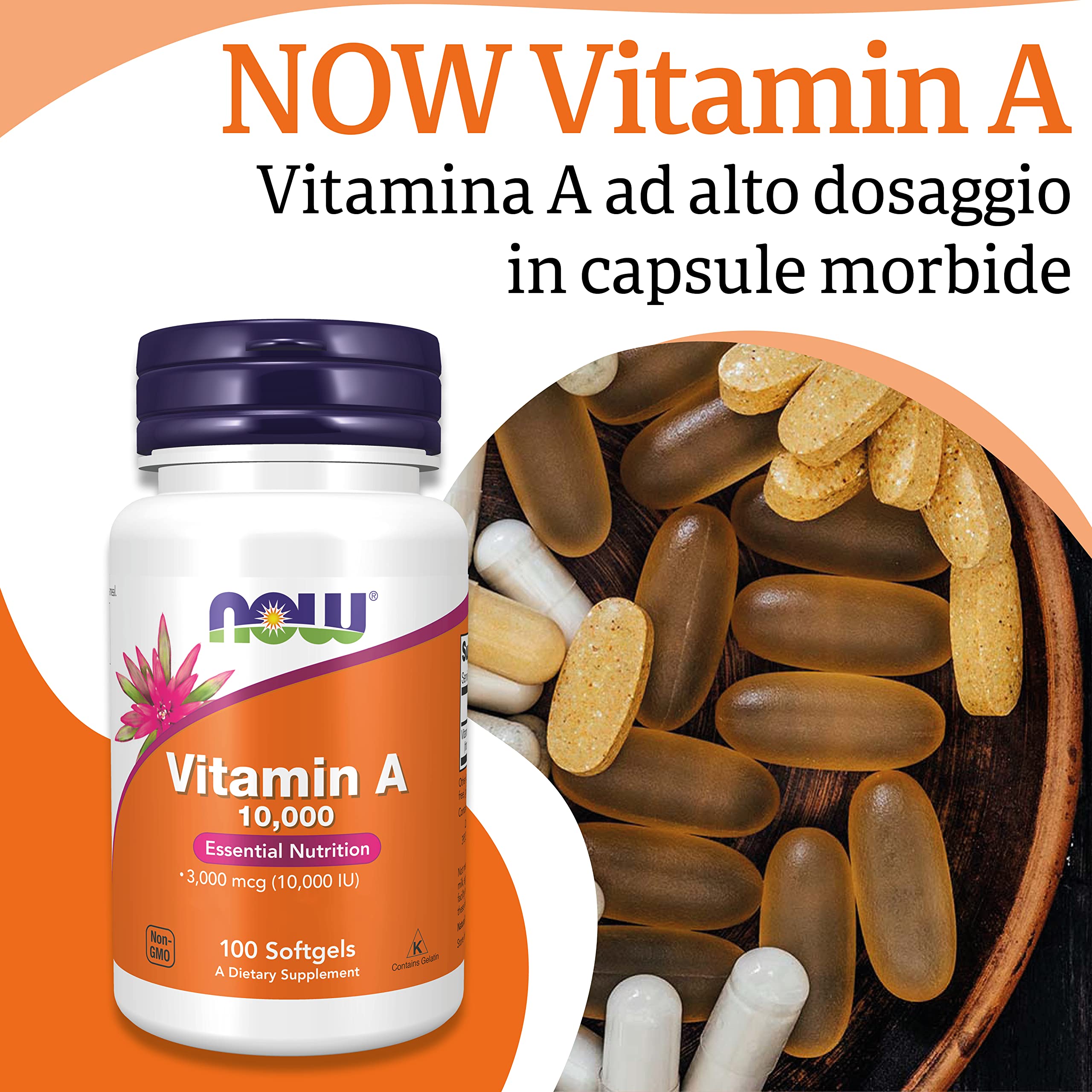 Now Foods Vitamina A 10000IU, 3000mcg, da palmitato di retinile e olio di fegato di merluzzo, ad alto dosaggio, 100 capsule, Testato in Laboratorio, Senza Glutine, Senza Soia, Non-GMO