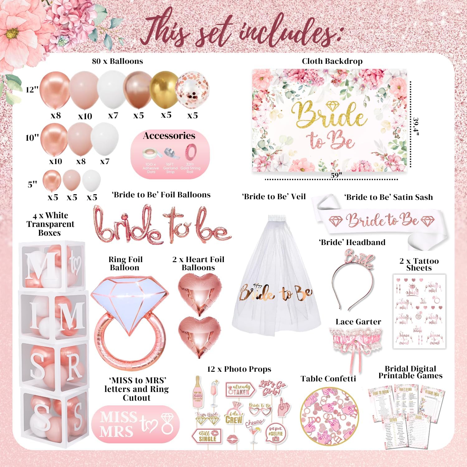 189 pc Premium Bridal Shower Party Decorations – Balloons, Bride to Be Sash, Veil, Headband, Backdrop, Props – Pink Bachelorette Party Decorations for Engagement, Rose Gold Bridal Shower Decorations - Image 2