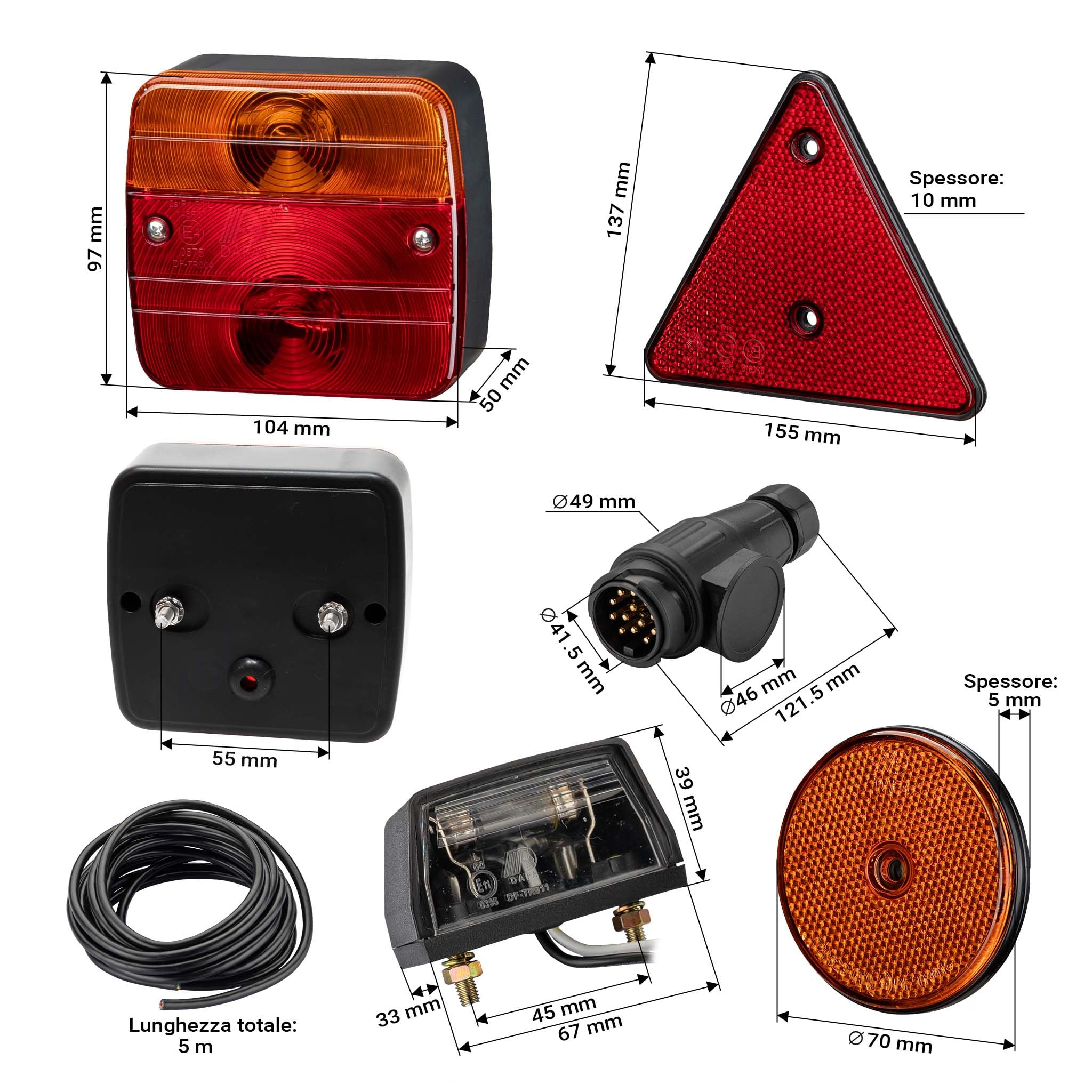 Wiltec Set di luci posteriori per rimorchio 12 pezzi Spina 13 poli Cavo da 5 m Marchio di omologazione E