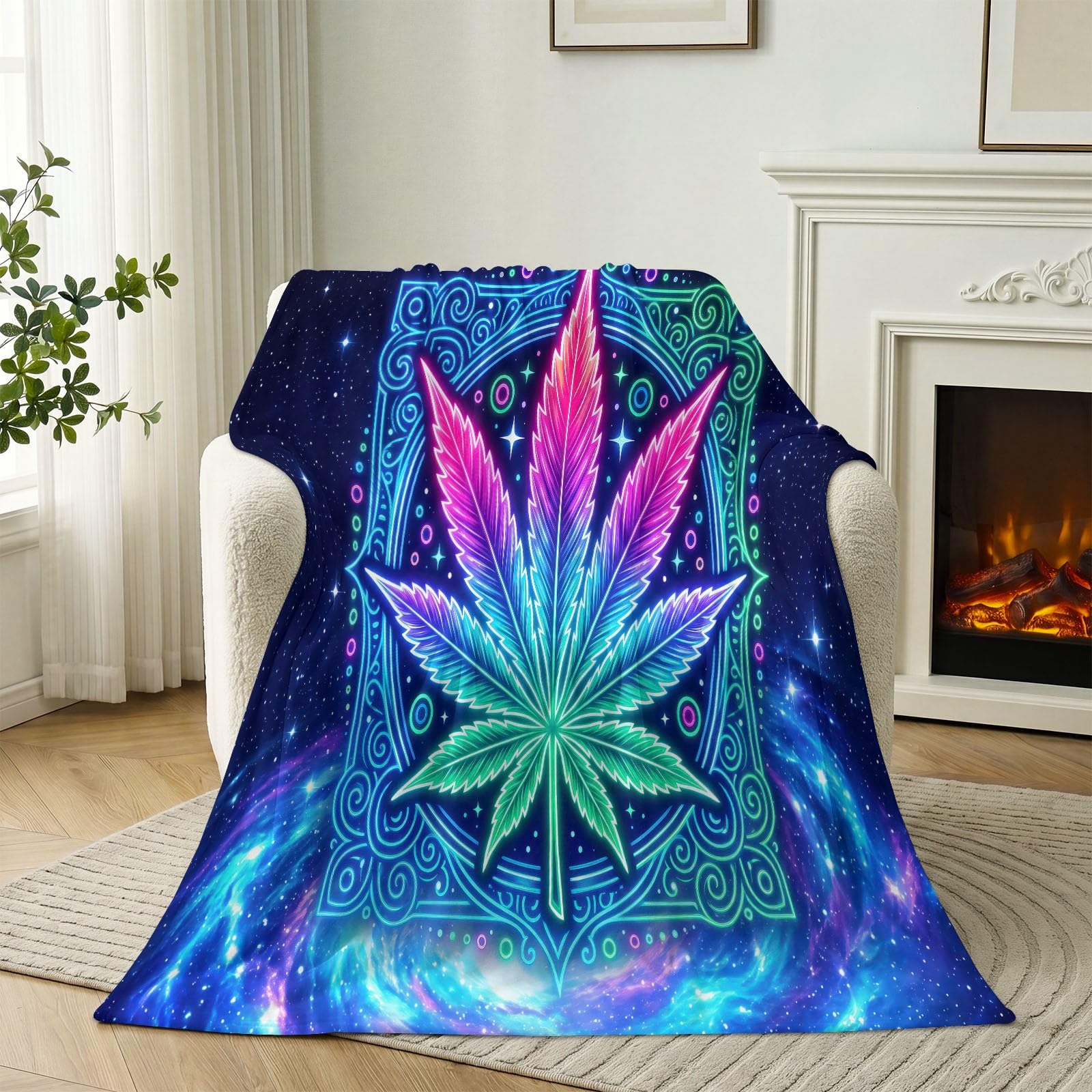 Generisch Manta de 180 x 200 cm, manta de franela suave psicodélica, manta de forro polar, diseño de hojas, niebla, estrellas, manta de sofá, para cama, sofá, dormitorio