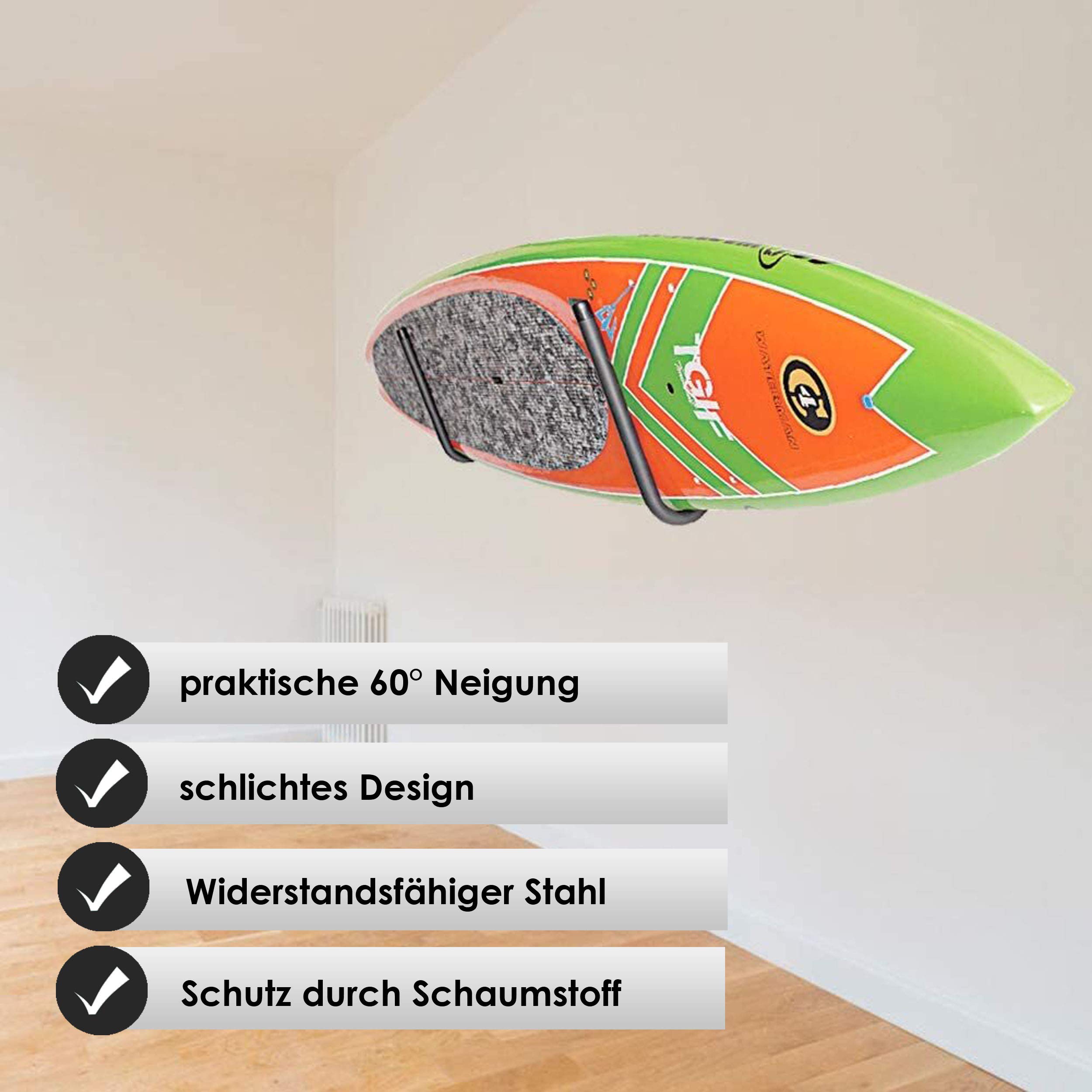 BOARDy 60° Supporto da parete per SUP (Stand up Paddleboard) montaggio a soffitto | Staffa a muro per sup | Tavola da surf | Longboard | Surfers | per le pendenze del tetto