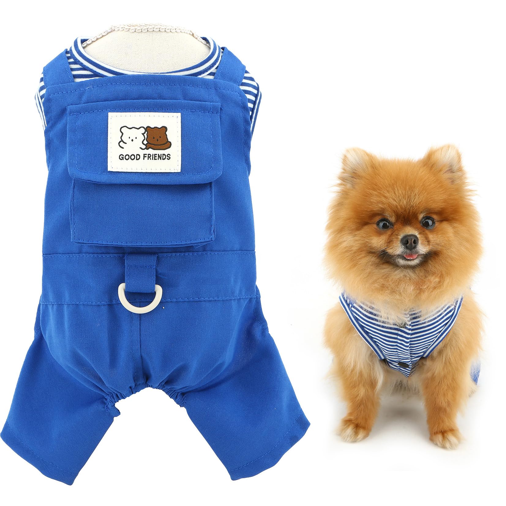 SMALLLEE_LUCKY_STORE Denim Dog Overall for Small Dog Pet Jumpsuit with D-ring and Pocket Striped Summer Spring Puppy Shirt Jeans Pants Outfits Chihuahua Yorkie One Piece, Blue, L โ image 1