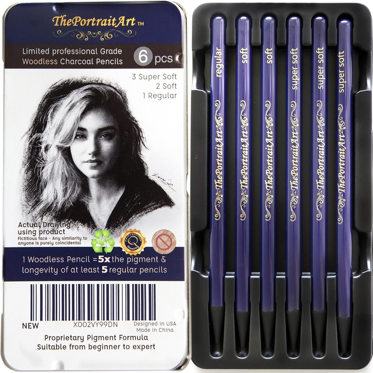 Artist Woodless Pure Charcoal Pencils - Ultra Soft and Dark – 6pc Set Equivalent to 28+ Regular Pencils – Smooth Consistency on All Drawing Papers