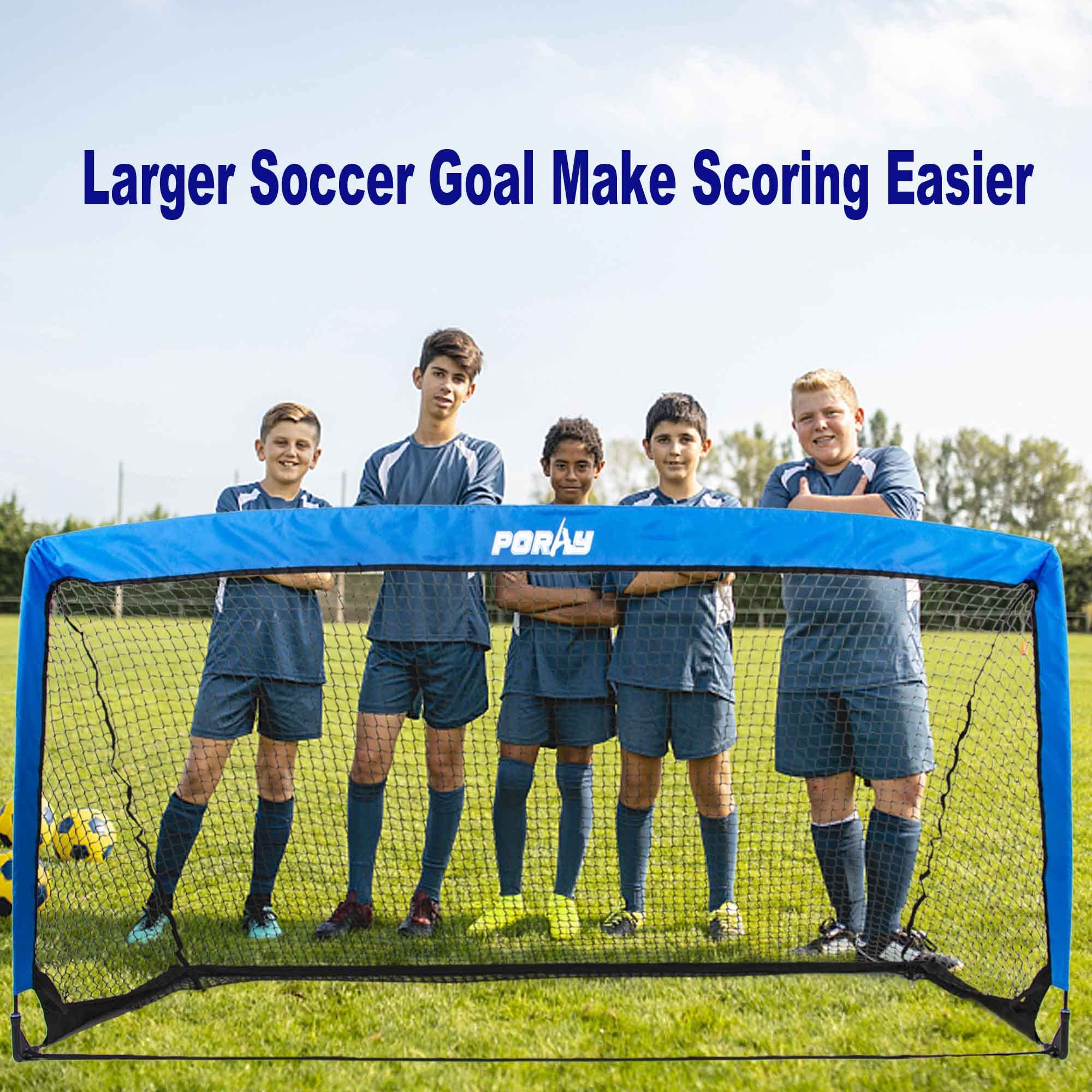 Poray - Porte da calcio per cortile, reti da calcio pop-up per bambini e adulti, giochi e allenamento di calcio, con borsa per il trasporto e 4 pali in acciaio, facile da montare 1,8 m x 9,6 cm