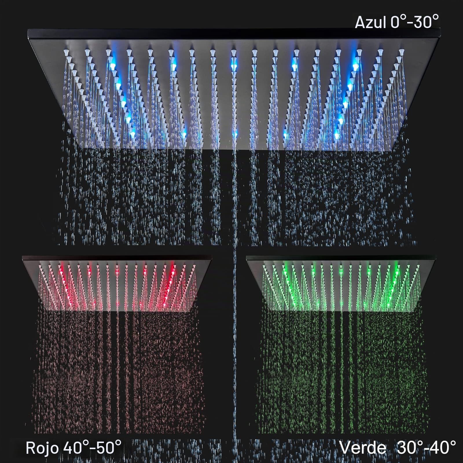 JunSheng Alcachofa de ducha LED de 16 pulgadas Alcachofa de ducha de lluvia cuadrada negra mate boquillas de silicona fáciles de limpiar grifo fijo para ducha
