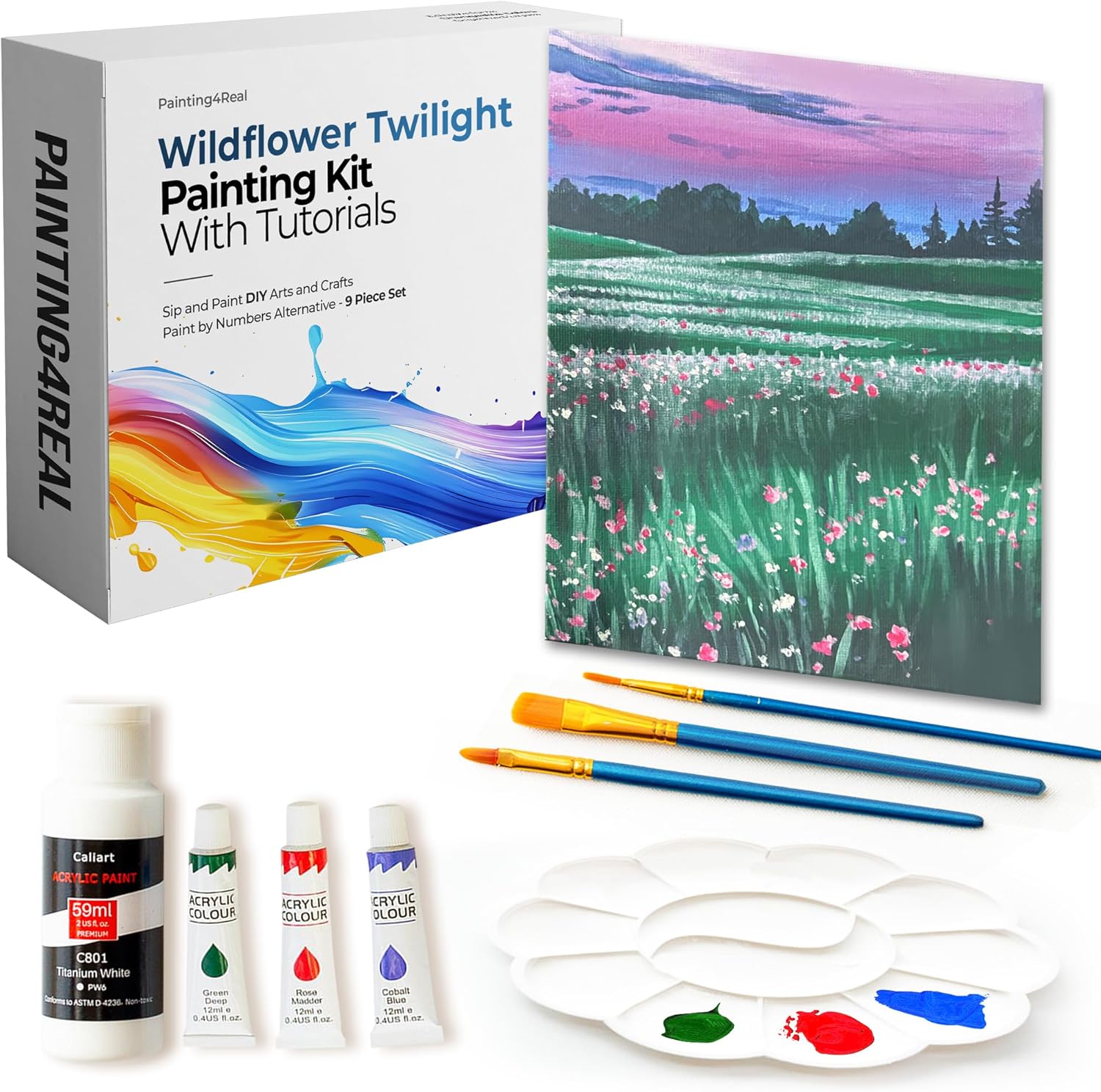 Painting4Real DIY Art Painting Kit for Adults with Video Tutorials – Learn to Paint Wildflower Twilight - 9 Pieces Acrylic Paint Set & Art Supplies for Adults, Mother Day Gift Set for Mom, Women