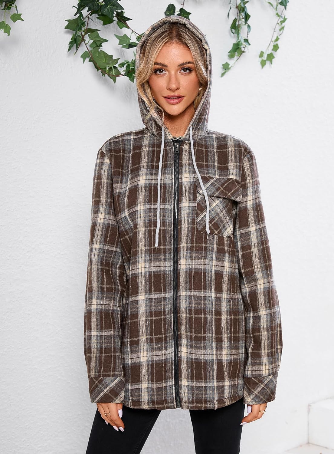 Elesuit Women's Full Zip Fleece Flannel Jacket Plaid Hooded Jackets Sherpa Lind Hoodies for Women - Image 5