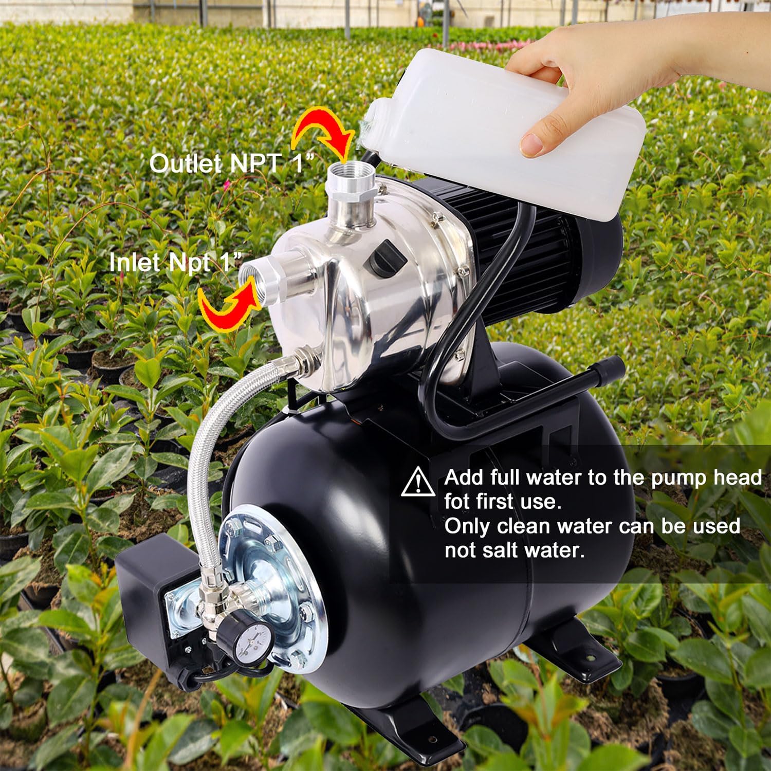 1.6 HP Shallow Well Jet Pump with Pressure Tank, 1000 GPH, Stainless Steel, 110V Automatic Water Booster Pump for Garden, Home, Lawn Irrigation, and Water Transfer,Black