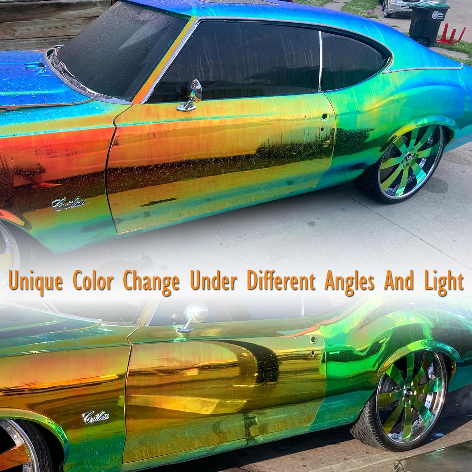 Holographic Laser Metallic Orange Green Car Vinyl Wrap Chameleon Chrome Self Adhesive Vinyl Wrap Multi Color Change DIY Car Body Film, 53.14'' x 39.37''