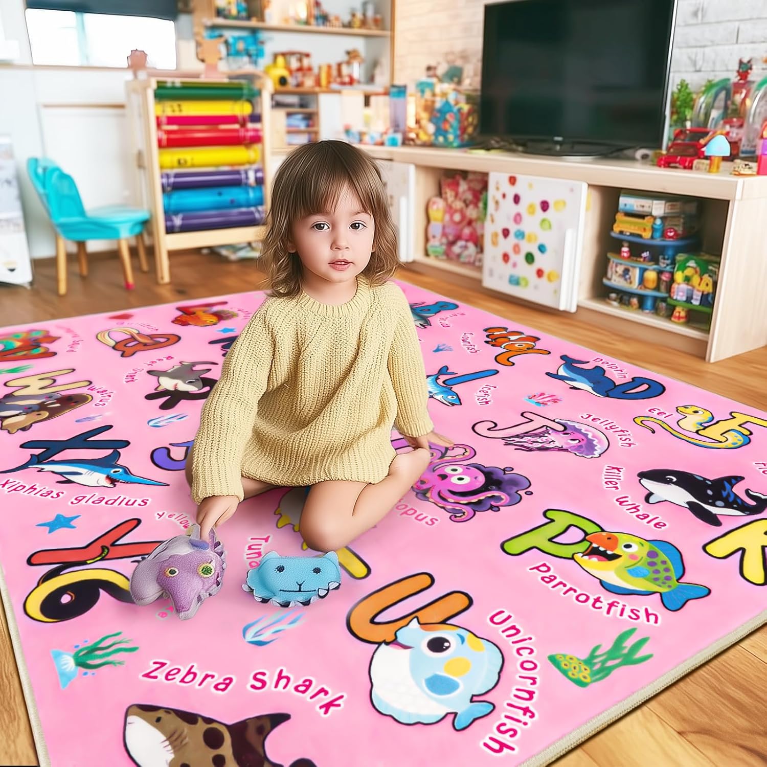 Kids Rugs for Playroom Educational Rug for Learn The ABC Alphabet, Soft Machine Washable Non-Slip Cute Carpet for Classroom Toddler Nursery Kids Room Decor Mat