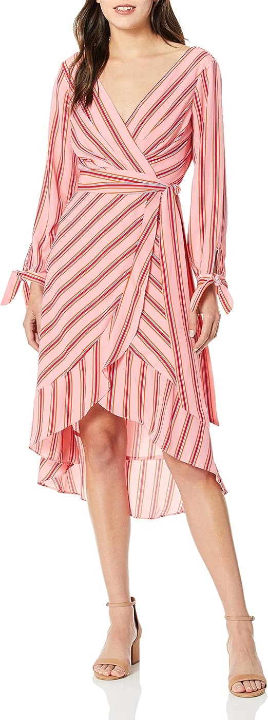 Laundry by Shelli Segal Damen Stripe Wrap Dress Kleid, Korallenrot, 38