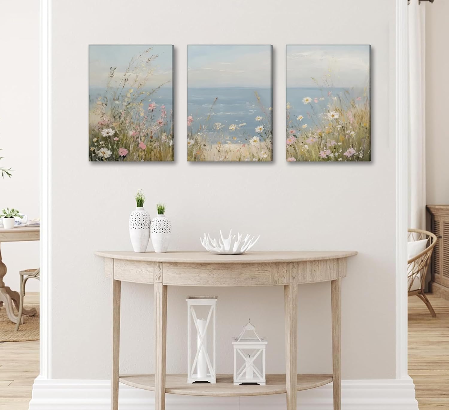 Coastal Wildflowers Wall Art Nature Inspired Ocean View Canvas Poster Vintage Neutral Floral Prints Artwork, Seaside Floral Rustic Country House Decoration for Living Room, Office Scene Home Decor