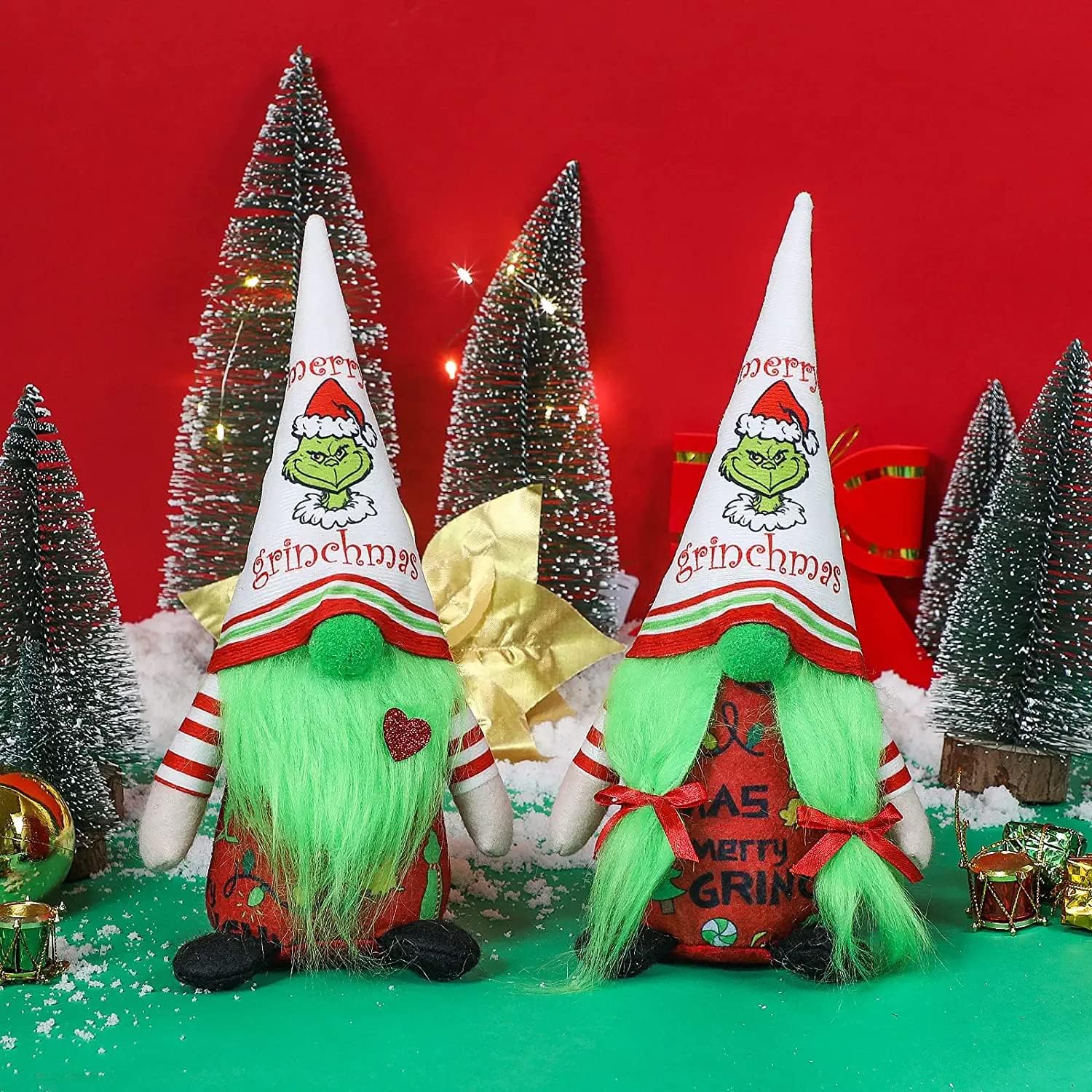 2Pcs Christmas Gnome Decorations Indoor, Cute Handmade Christmas Green Garinchmas Gnomes Ornaments Santa Swedish Tomte Nisse Plush Scandinavian Doll Decor for Women Men Home Table Room Party Gift