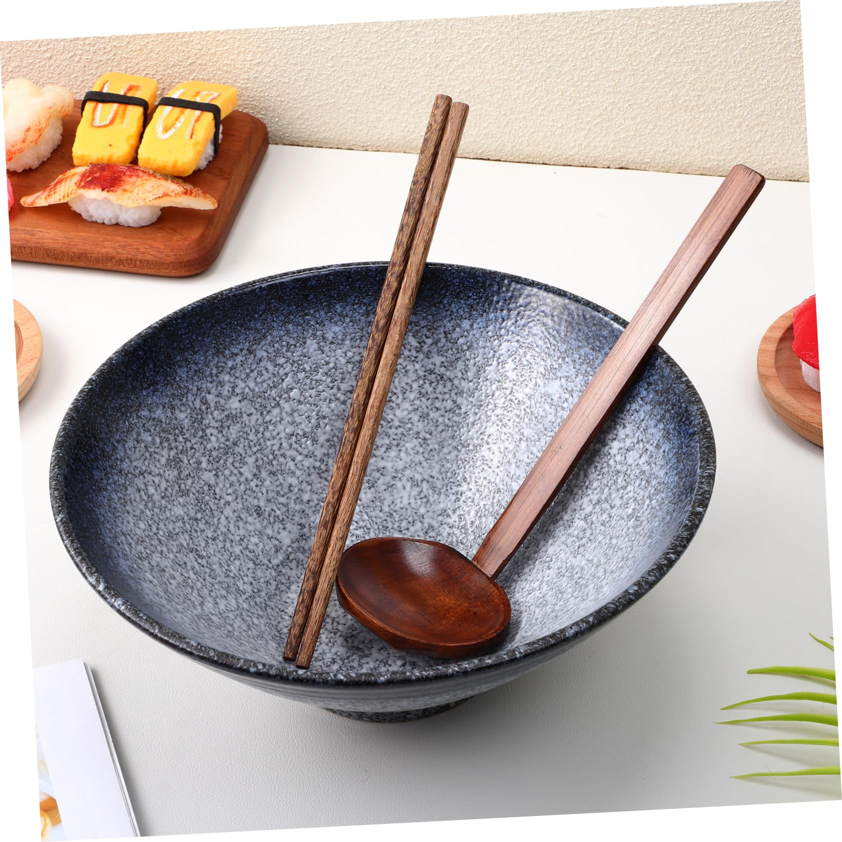 Ensemble Bol De Nouilles Ramen 23 Cm En Céramique Avec Cuillère En Bois Anti-fuite Et Baguettes En Bois De Wings D'aile, Design Antidérapant, Pour Maison Et Restaurant, Set 3 Pièces