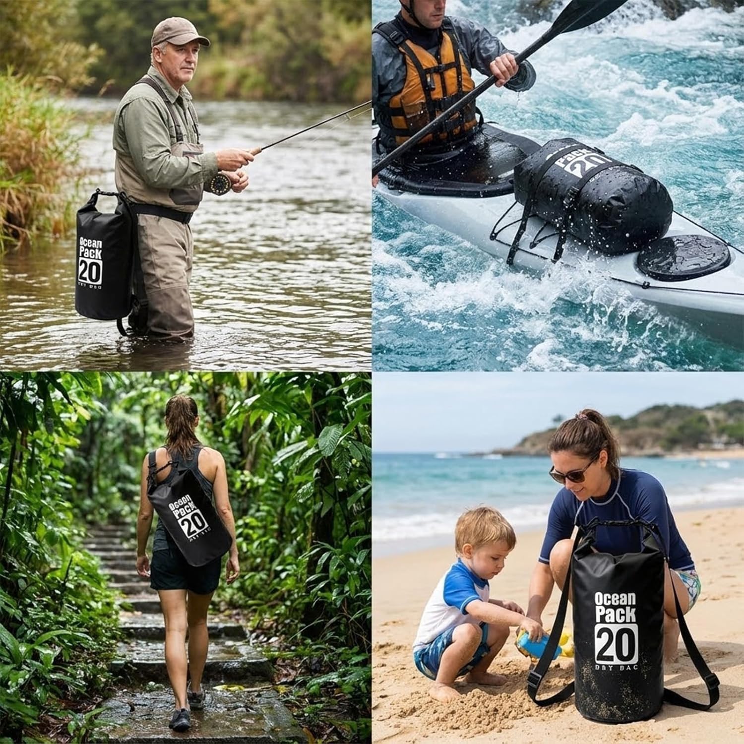 Bolsa seca flotante impermeable de 5L/10L/15L/20L para mujer, mochila ligera y duradera para kayak, natación, camping, senderismo, suave y resistente a la abrasión con cierre enrollable (negro