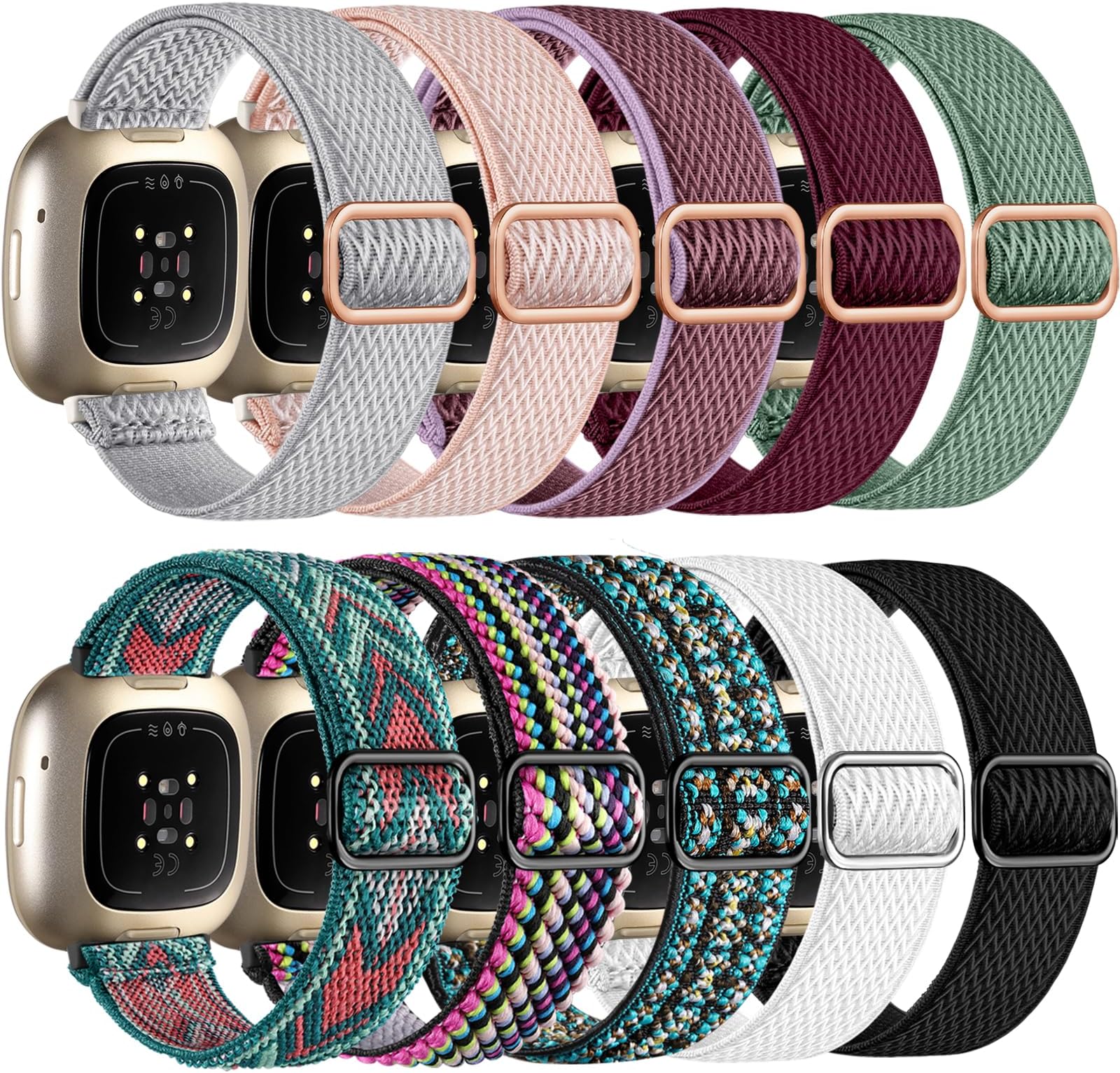 Dirrelo 10 Pack Elastic Band Compatible with Fitbit Sense Bands/Fitbit Sense 2 Bands/Versa 4 Bands/Fitbit Versa 3 Bands for Women Men, Stretchy Solo Loop Nylon Sport Strap for SmartWatch Replacement