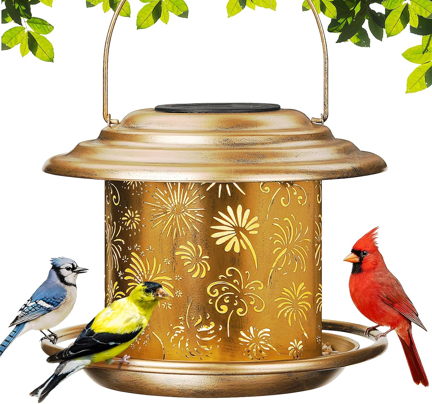 Solar Bird Feeders for Outdoors, Weatherproof Metal Bird Feeder, Outside Hanging Birdfeeder Lantern with Flowers Pattern for Courtyard Garden Decoration