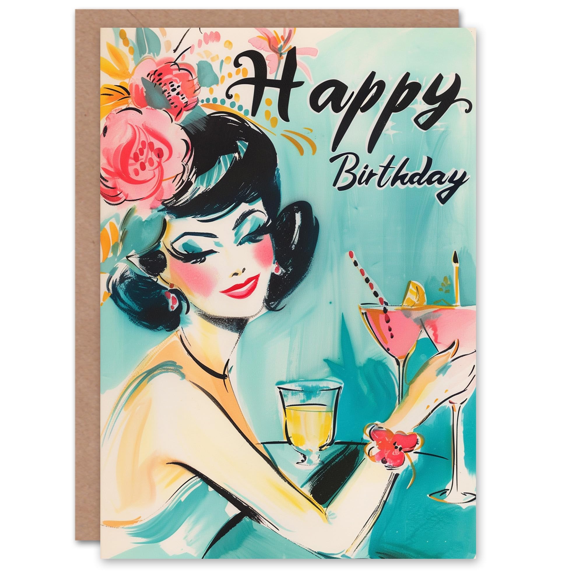 Artery8 Birthday Card Woman Enjoying Floral Summer Cocktails For Her Gran Sister Niece Daughter Wife Woman Greeting Card