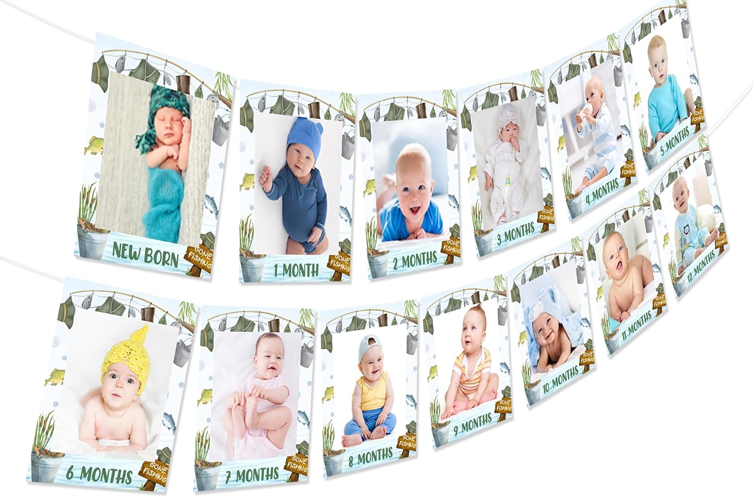 Sursurprise Fishing 1st Birthday Decorations, O Fishally One Photo Banner from Newborn to 12 Months for Boys Gone Fishing First Birthday Party Supplies