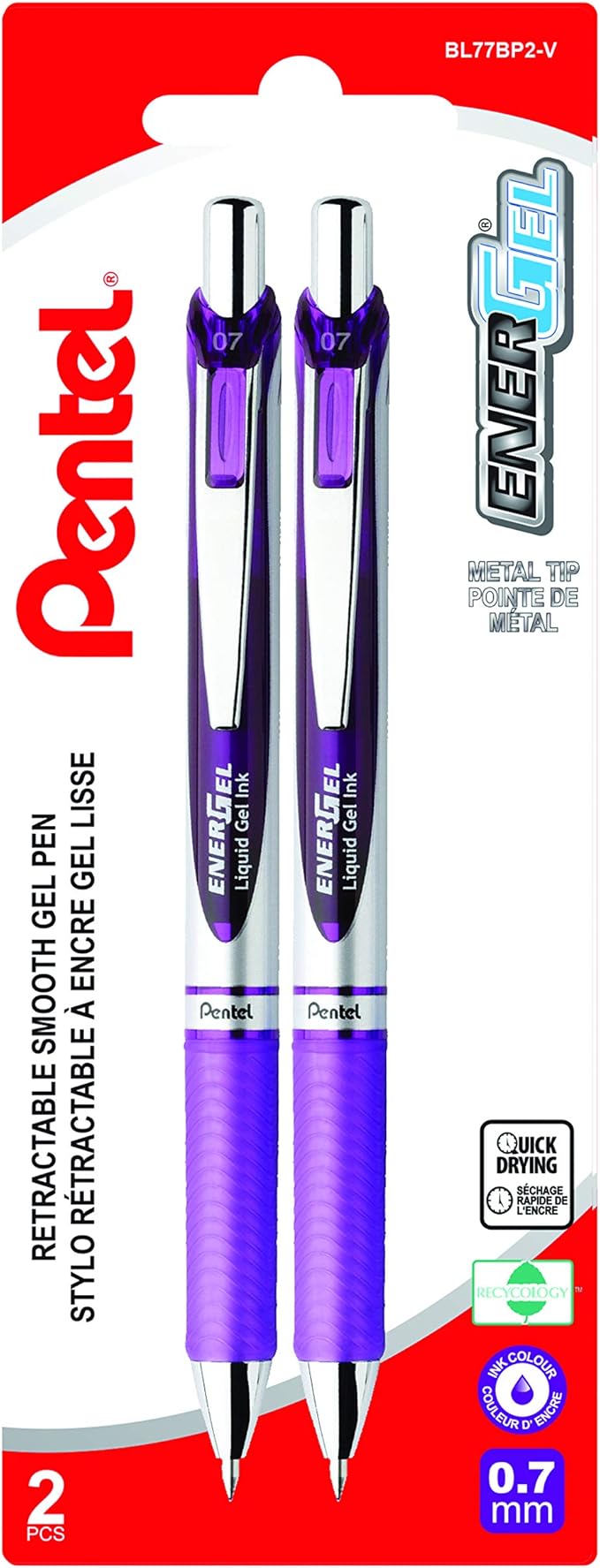 Pentel EnerGel Retractable Liquid Gel Rollerball, 0.7mm Medium Point, Violet Ink, 2PC Pack