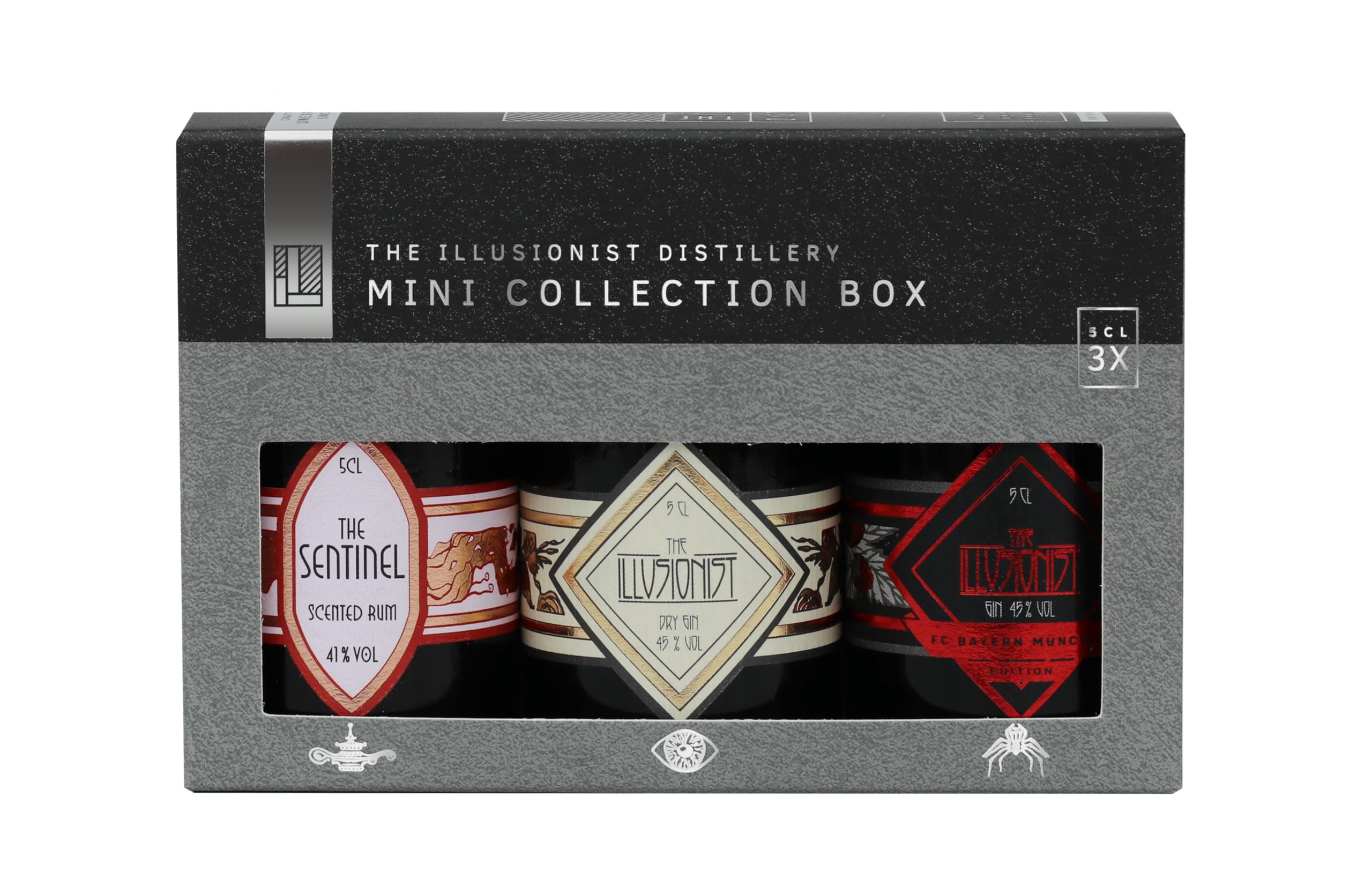 The Illusionist Distillery Mini Collection Box | The Illusionist Dry Gin Mini 45% Vol. 50ml | The Sentinel Scented Rum Mini 41% Vol. 50ml | The Illusionist Gin FC Bayern München Edition Mini 45% Vol.