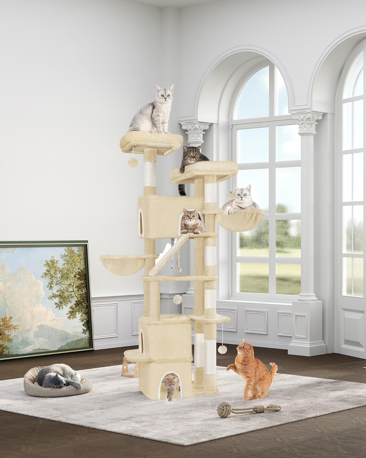 Multiple cats interacting with the Hzuaneri cat tree in a living room setting, showcasing il suo utilizzo.