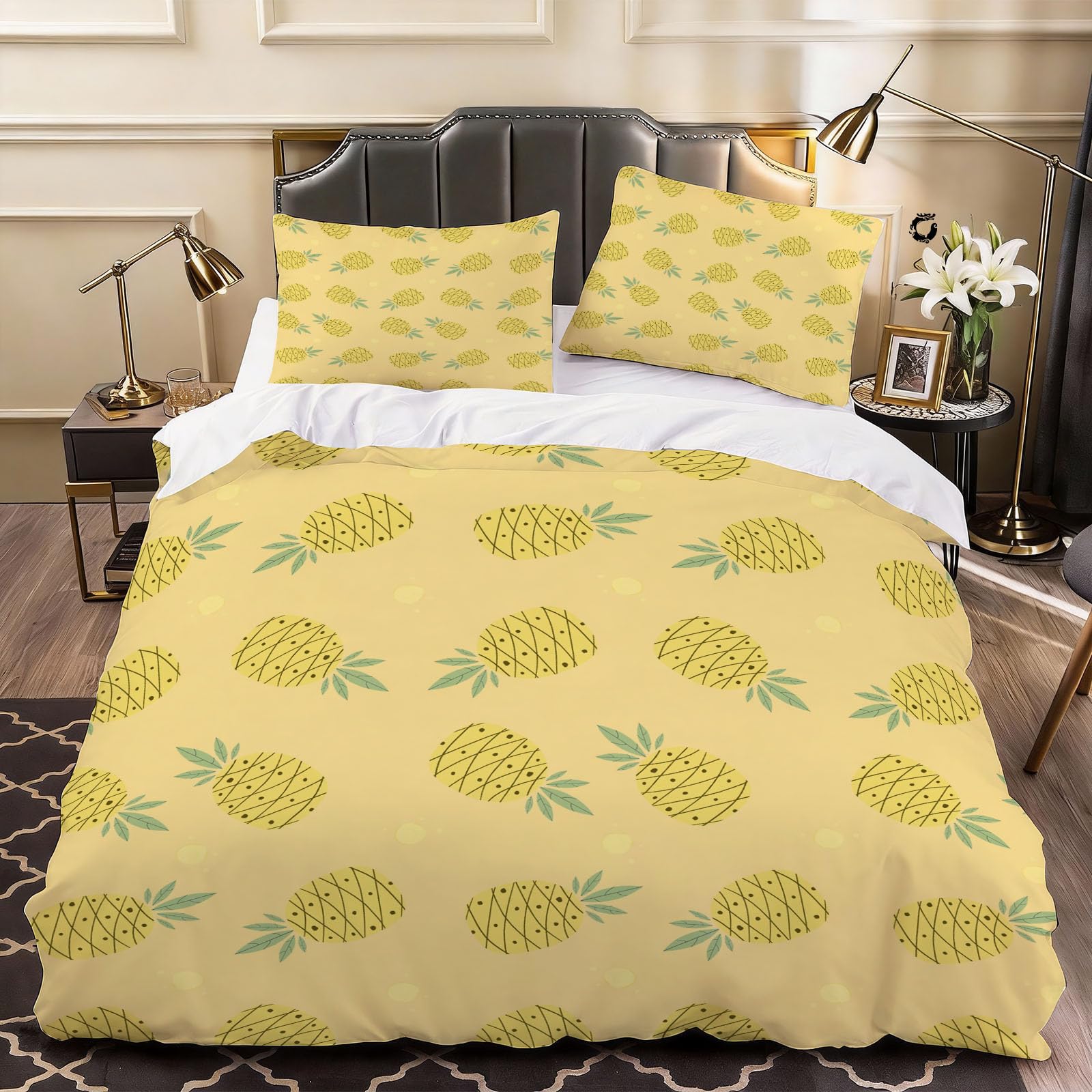 3D Creative Pineapple Duvet Cover Simple Bedding Single Bed Set, Soft Microfiber Comforter Cover Printed with Zipper Closure Quilt Coverr 135x200 cm and 2 Pillowcases