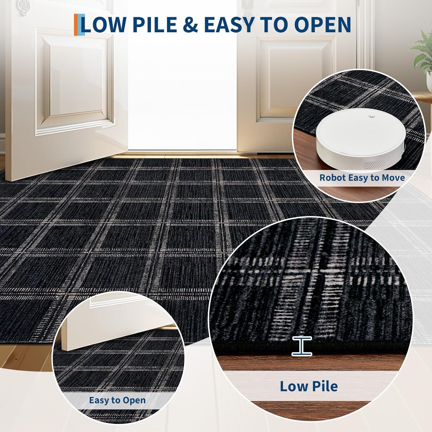 GarveeHome Black Checkered Kitchen Rugs, 2x6 Washable Non Slip Hallway Runner, Ultra Thin Indoor Modern Farmhouse Carpet, Low Pile Stain Resistant Floor Cover for Laundry Bedroom Bathroom