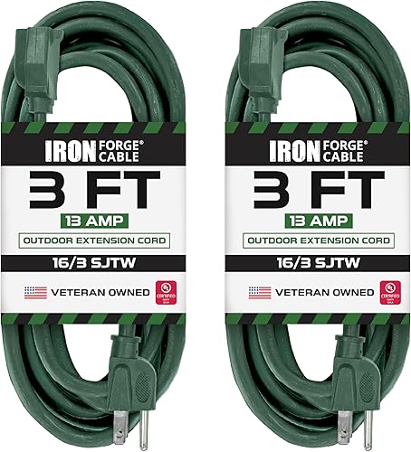 Iron Forge Cable Paquete de 2 cables de extensión para exteriores de 3 pies, SJTW 163 resistentes a la intemperie, cable de extensión verde de 3