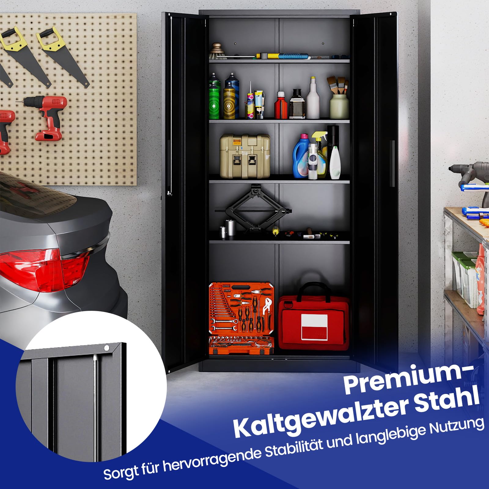 COSTWAY Aktenschrank abschließbar, 180 cm Metallschrank mit Doppeltür & 4 verstellbaren Regalen, Büroschrank Stahl, Mehrzweckschrank Werkstattschrank für Büro, Wohnzimmer, Garage, Schwarz
