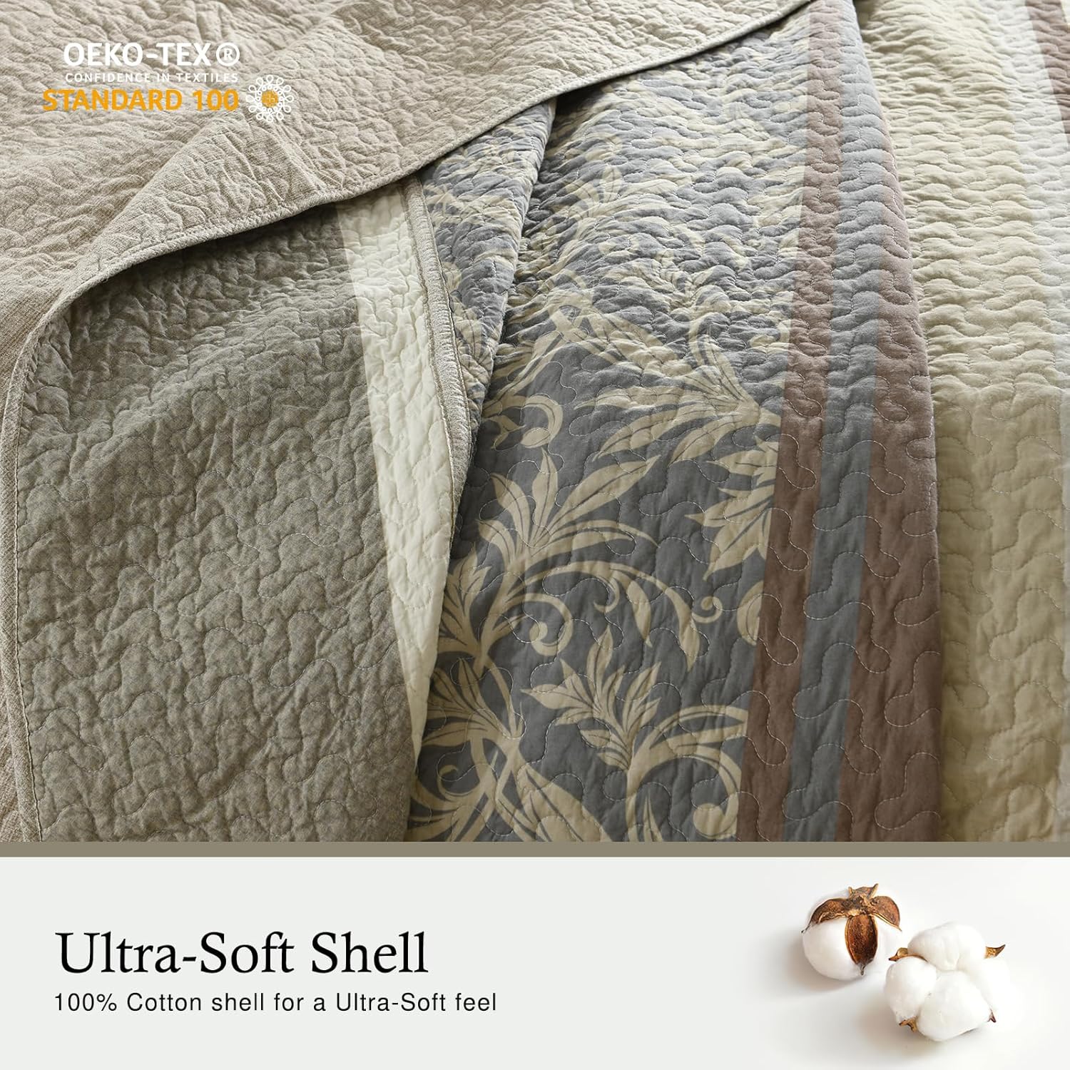 Farmhouse King Size Bedspread 120"x120" - 100% Cotton Lightweight Oversized King Quilt with 2 Pillowshams, Botanical Striped Quilted Bedding Coverlet Set for All Season, 3Pcs, Beige/Brown - Image 3