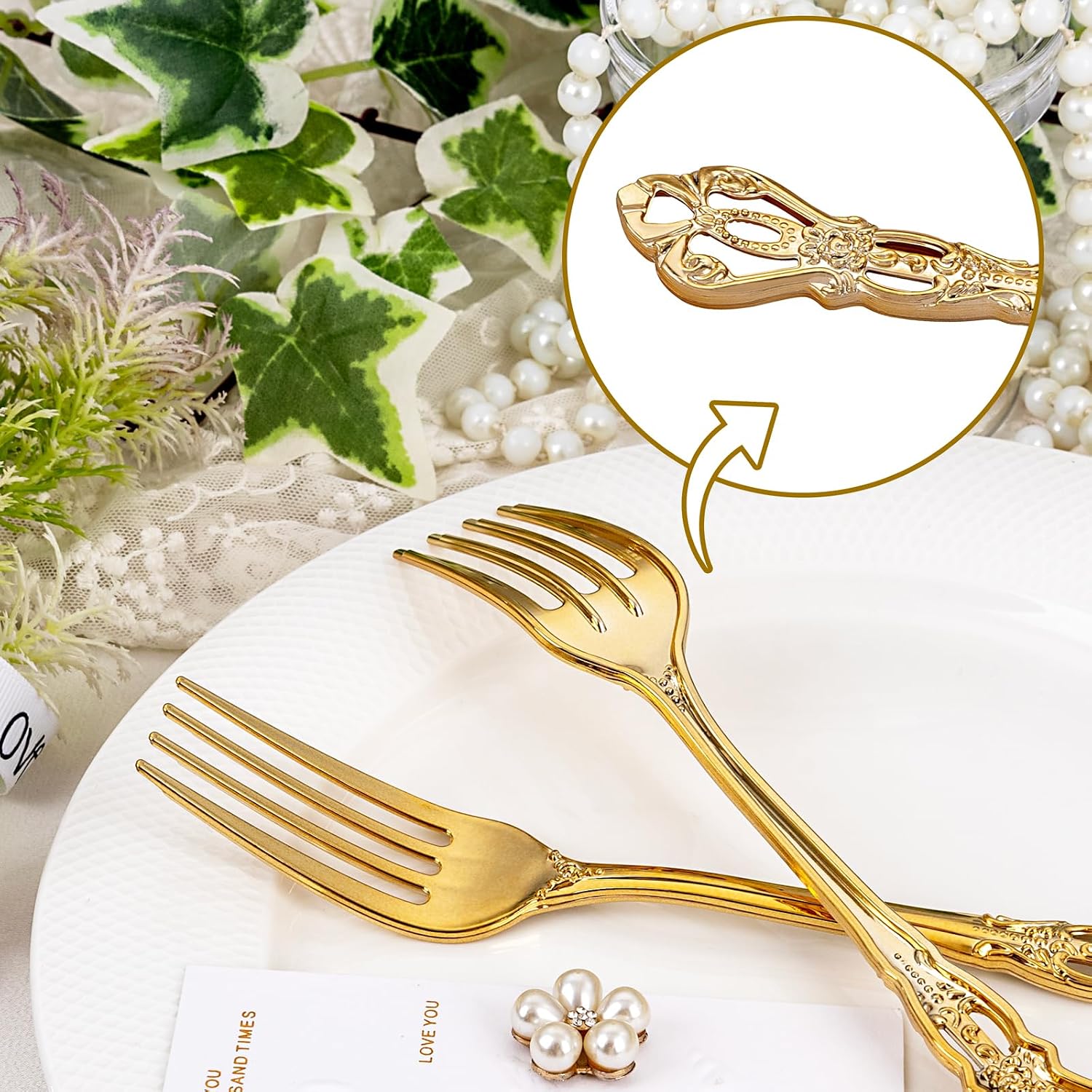 30PCS Gold Plastic Forks - 8.1inch Gold Forks Disposable - Vintage Heavy Duty Dessert Forks - Premium Fancy Plastic Silverware for Parties, Weddings, Dinners and Events thumbnail