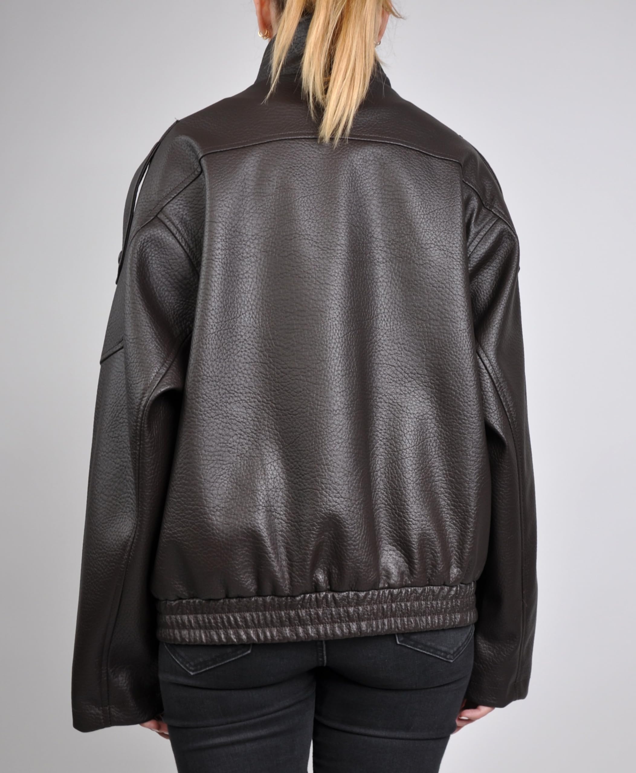 Blouson Biker Oversize en Similicuir Grainé, Col Montant, Style Perfecto