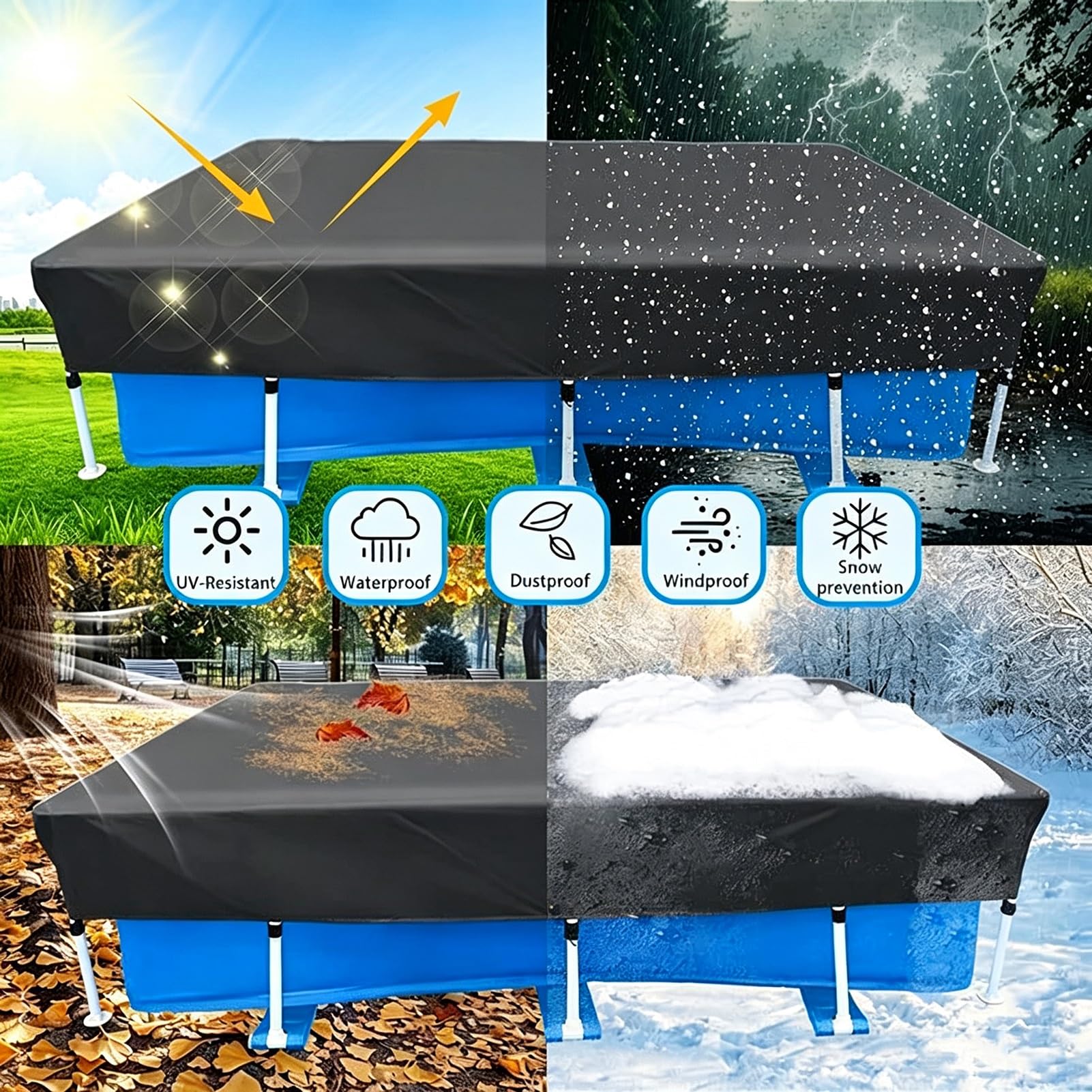 Bâche de Piscine Rectangulaire 225x150cm,bâche de Piscine d'été et d'hiver,Protège la Poussière/Les Feuilles/Le Vent/Le Soleil-Tissu Oxford 210D-Double Revêtement pour Protection de(300x205cm)