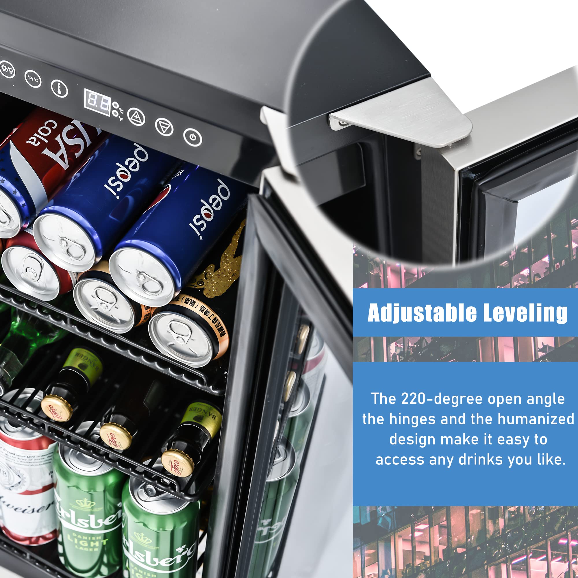 Toupuwan Beverage Cooler Refrigerator, 15-Inch Mini Fridge Can Be Built-In And Freestanding, 120 Cans Capacity With Smart Temperature Memory. For Soda, Beer, For Kitchen Etc. With Blue Interior Light on Fridge.com - View 6