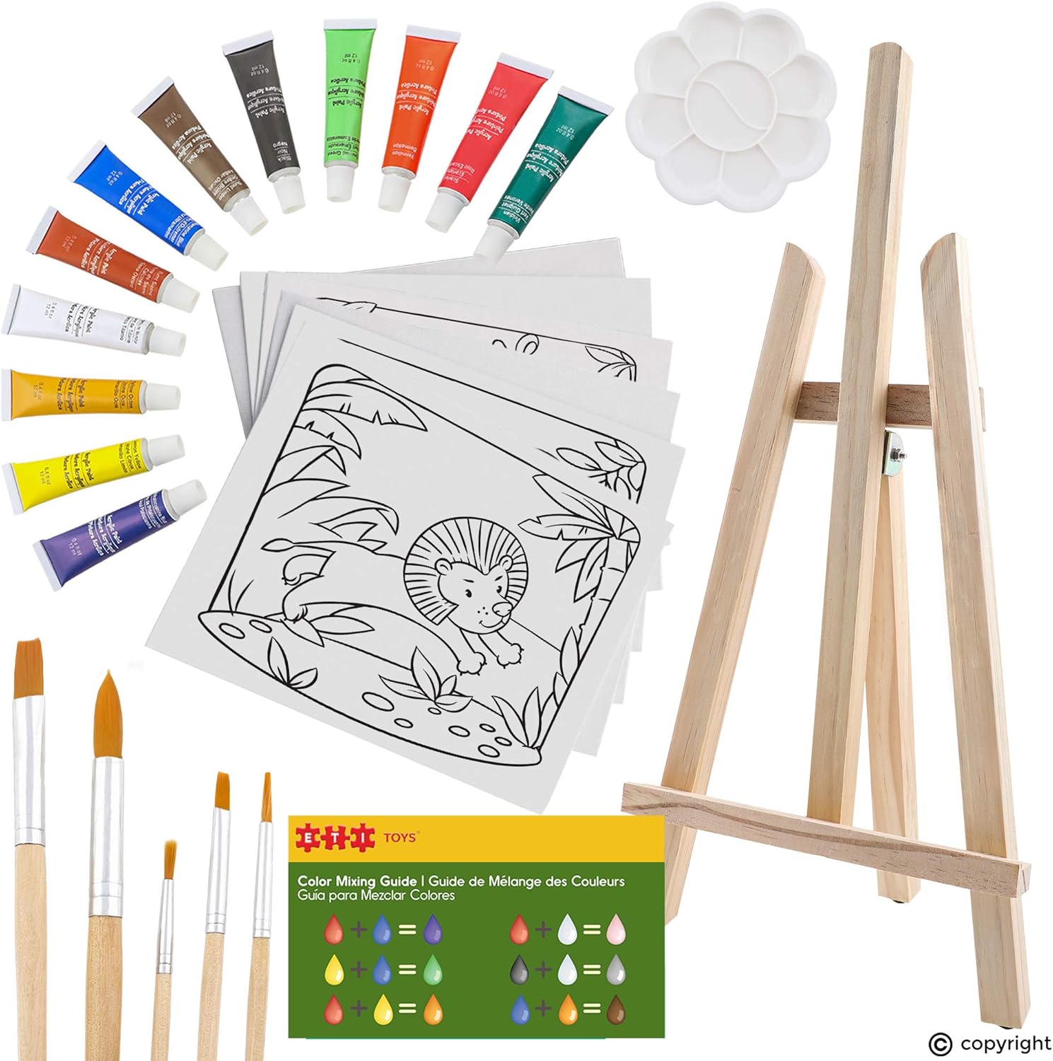 ETI Toys, 26 Piece Kids Art Painting Set with Wood Easel, 6 Wild Animals Themed Canvases, 12 Color Acrylic Paints, 5 Paint Brushes, Palette. Arts Studio for Artist Children Ages 6+ Years Old. : Toys & Games