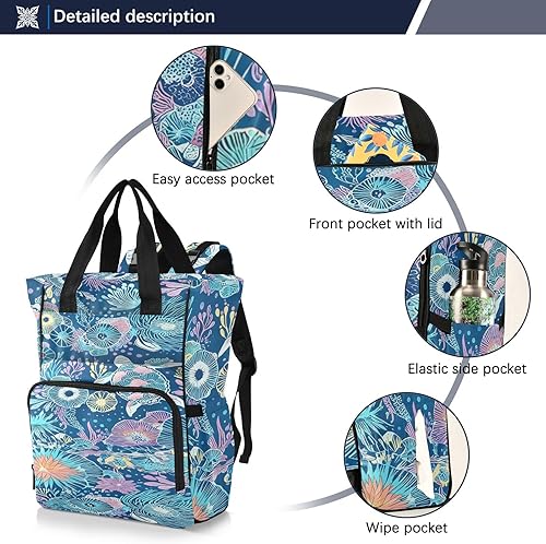 Miniatura 2 de Diaper Bag Backpack, Floral Print Nylon Multi-Pocket Mommy Bag with Wipe Pocket, 11.02x5.91x15.3 Inches, Navy Blue with Pink Flowers