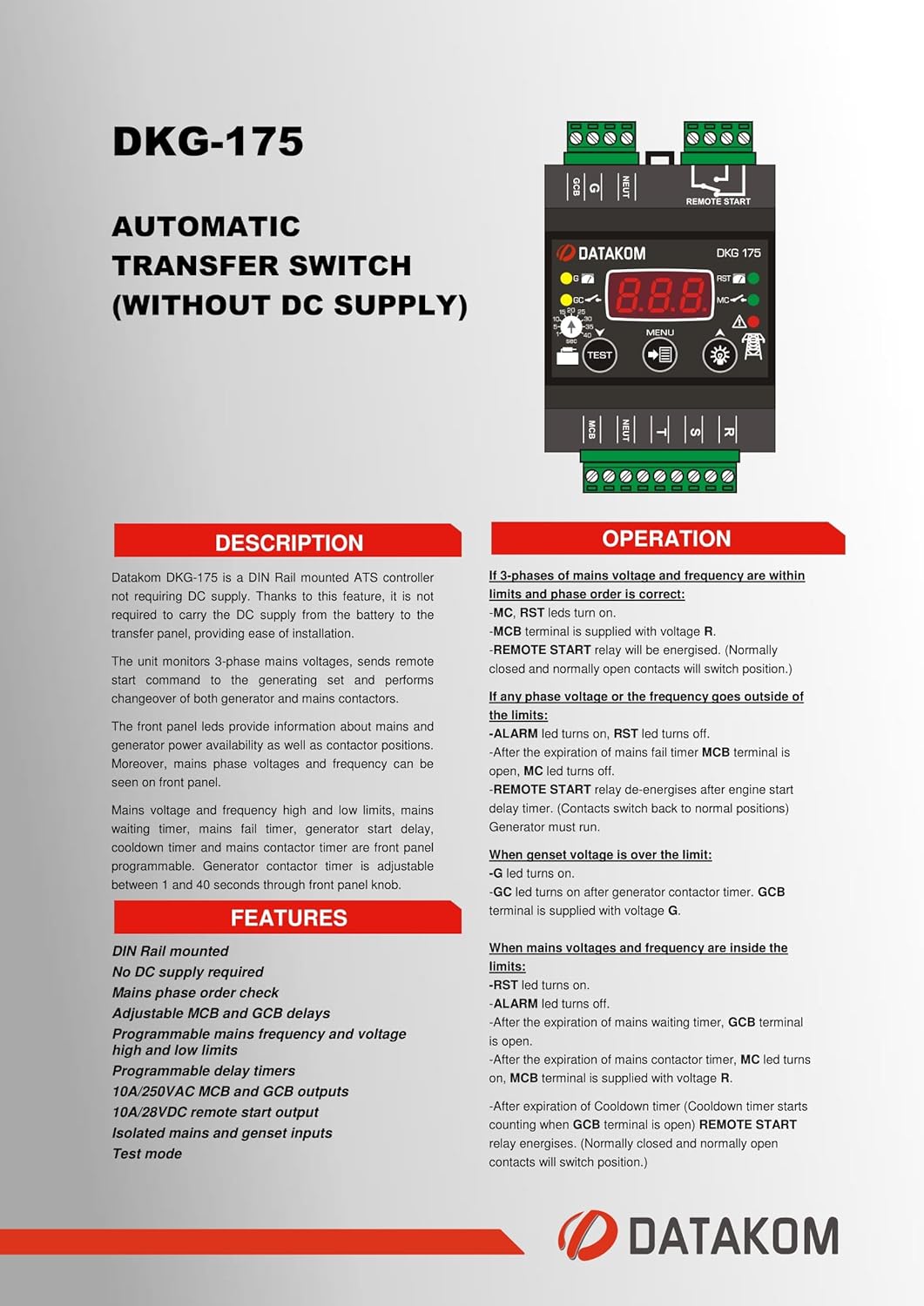 DKG-175 Generator/Mains Automatic Transfer Switch Controller (ATS)