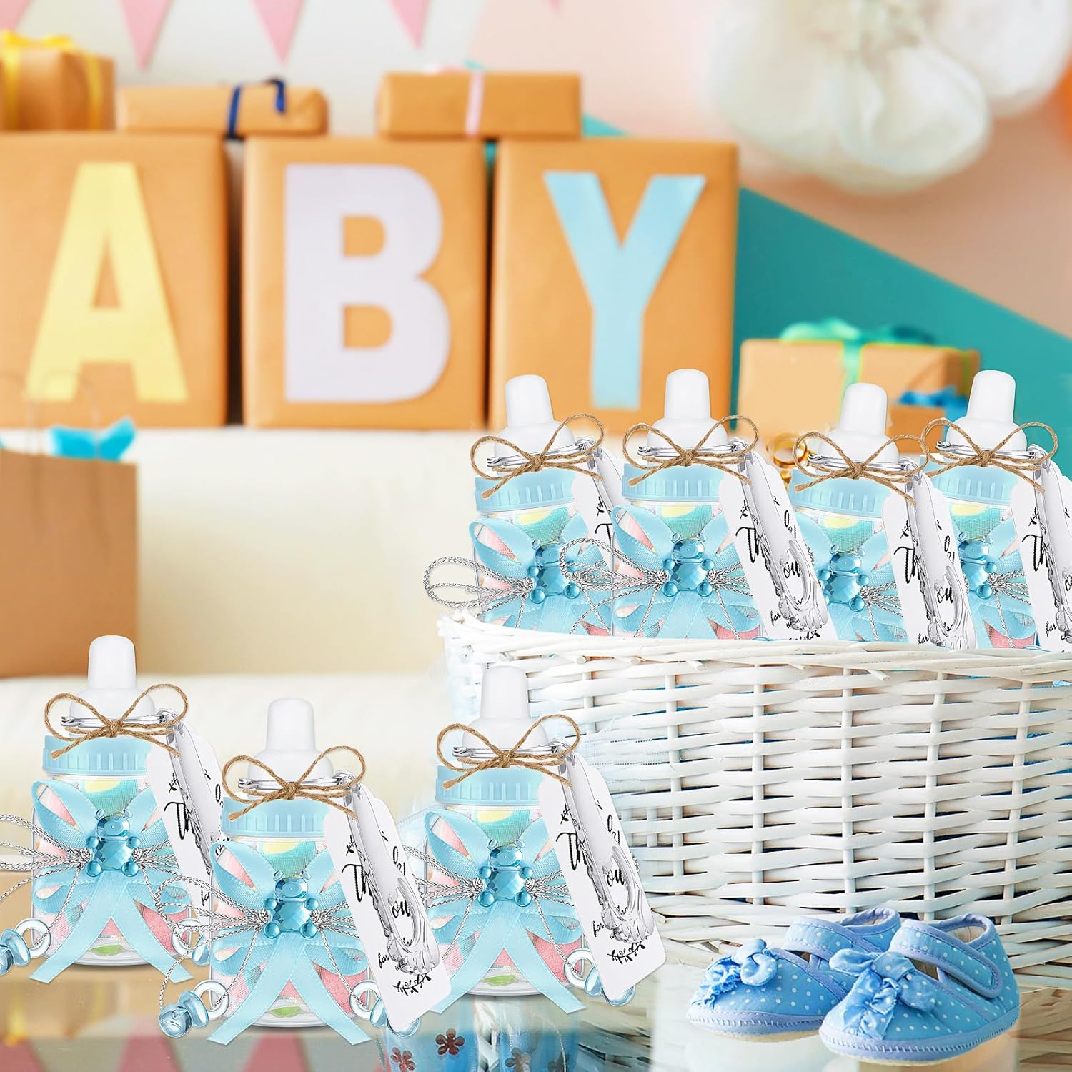 Sunnyray 150 Pcs Baby Shower Party Gift Bottles Games 50 Mini Milk Baby Bottles 50 Footprint Bottle Openers 50 Thank You Tag for Girl Boy Baby Shower Party Guest Return Gifts(Blue, Silver)