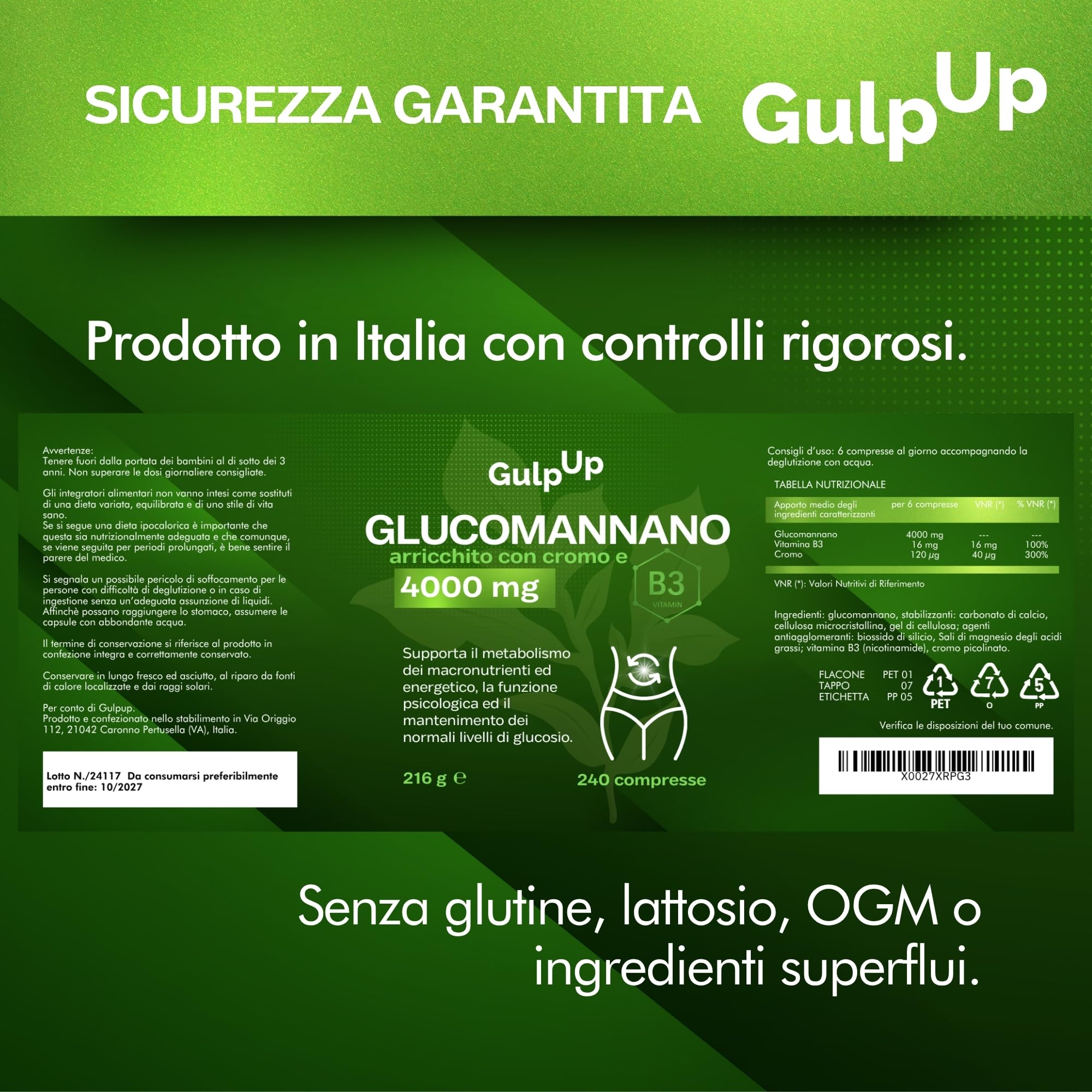 Glucomannano Purificato Forte 4.000MG 240 Compresse - Con Cromo e Vitamina B3 - Integratore Made in Italy - Favorisce il Senso di Sazietà