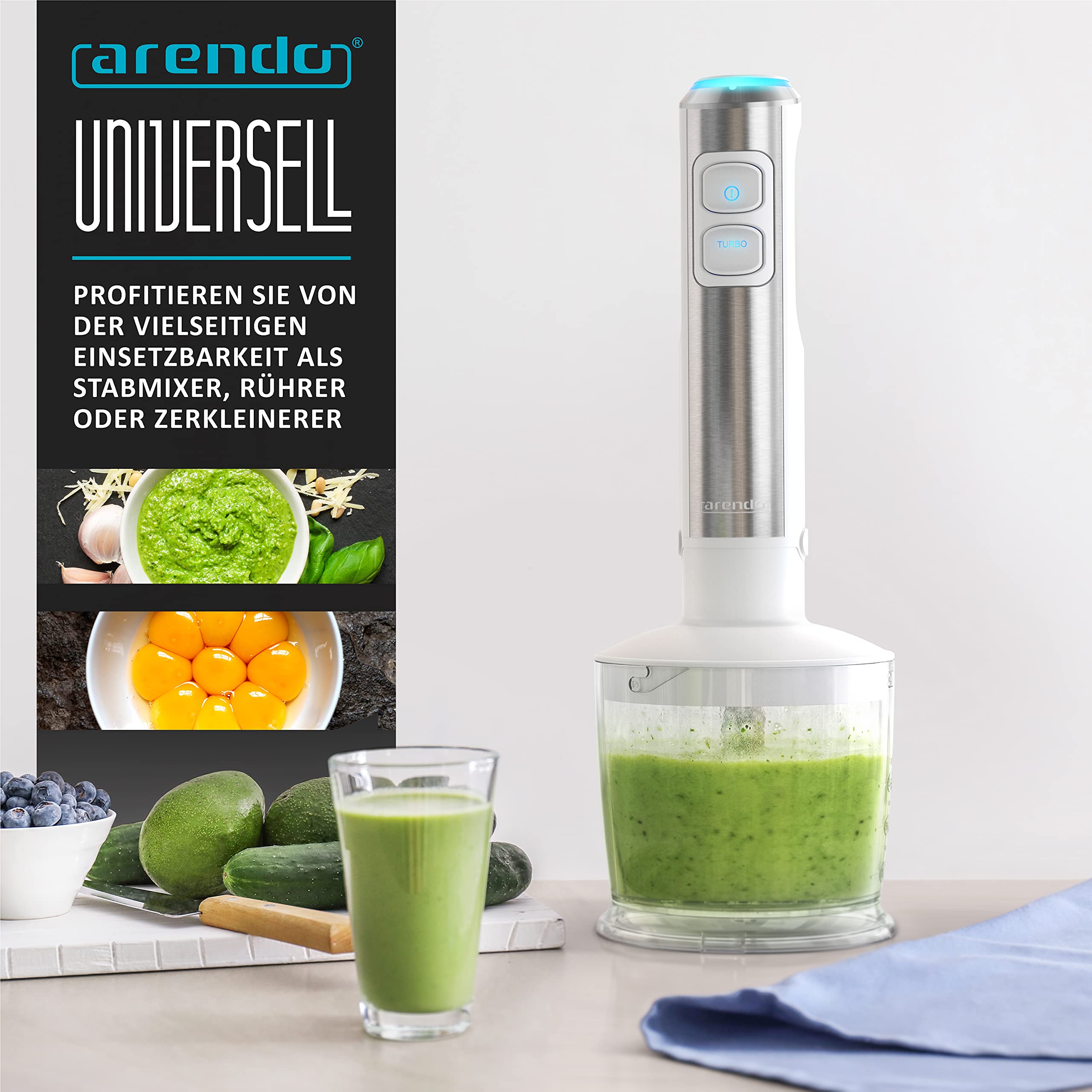 Arendo - Blender ręczny ze stali nierdzewnej 1200 W zestaw - silnik DC - w zestawie kubek z miarką 800 ml + trzepaczka - 2 poziomy prędkości – przycisk turbo – zdejmowana podstawa miksująca ze stali