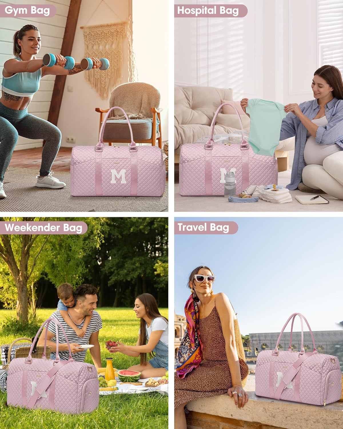 Women Weekender Travel Duffle Bag: Initial Duffel Overnight Bags with Shoe Compartment Large Carry on Tote with Toiletry Bag Weekend Traveling Yoga Gym Hospital Bag for Women with Wet Pocket Letter M - Image 6