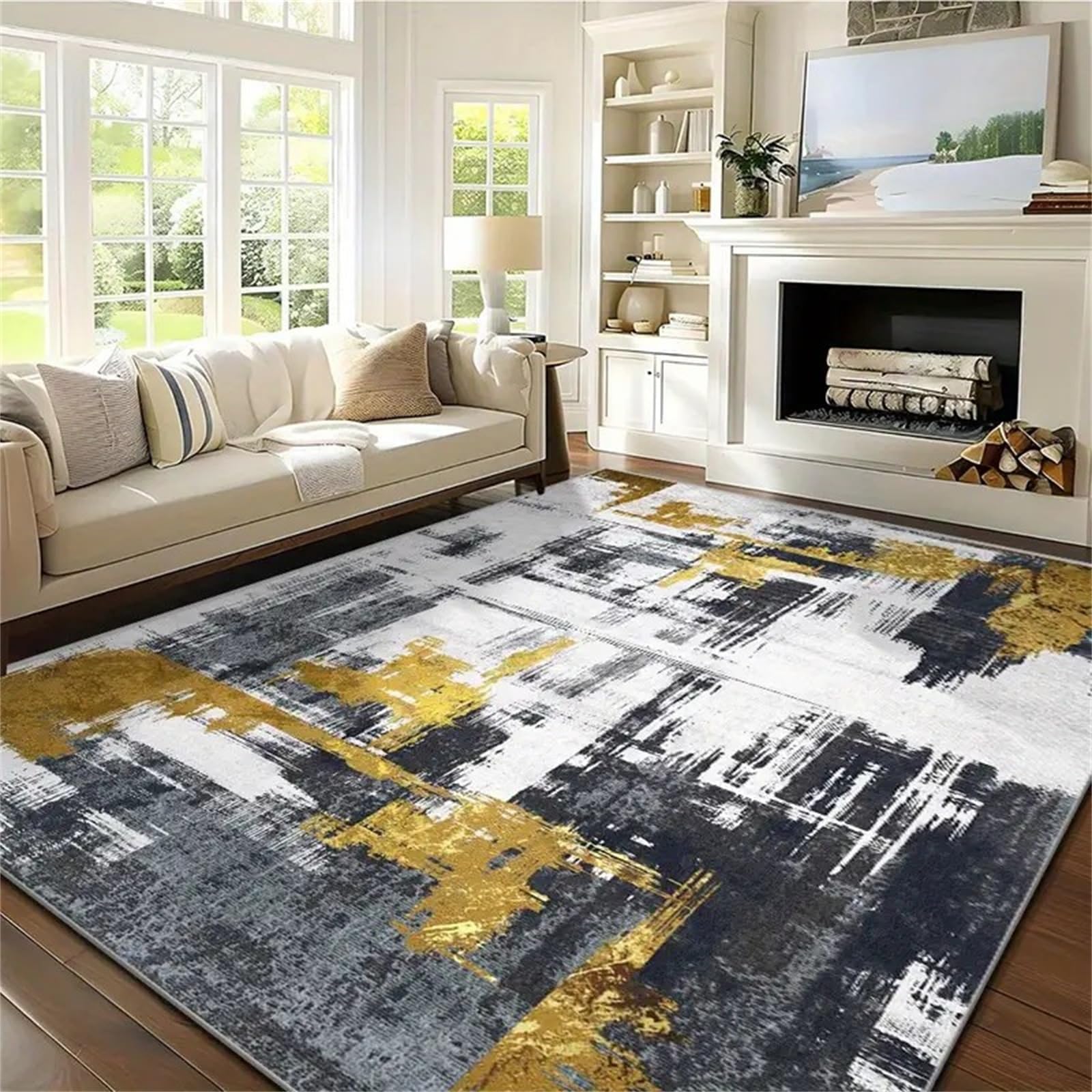 USHIRUG Abstract Modern Marble Area Rug for Living Rooms, 180x300cm, Lounge Areas Sofas Bedrooms Soft Carpet Luxurious Easy-To-Clean Floor Mat Non-Slip Washable Rugs for Home Offices Decorate